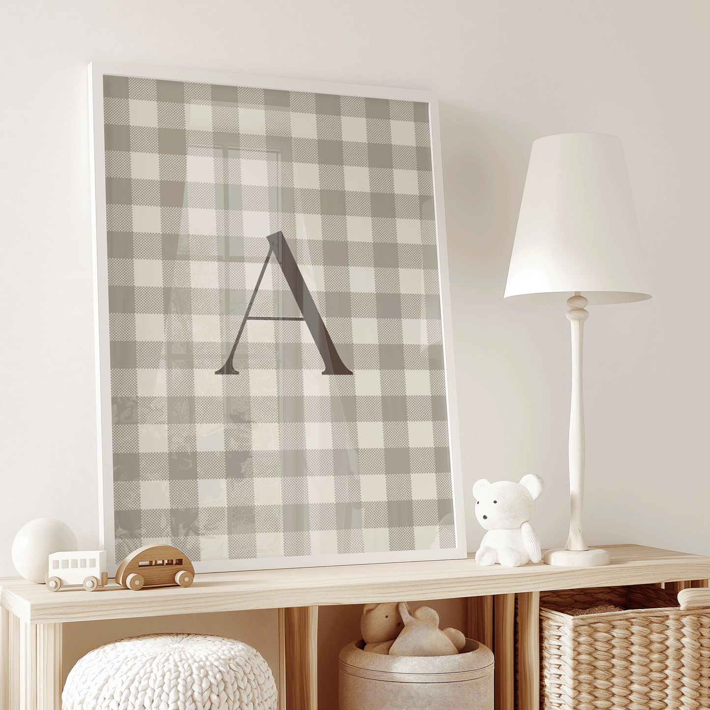 Custom monogram wall art with letter A on neutral gingham background for nursery or kids' play room