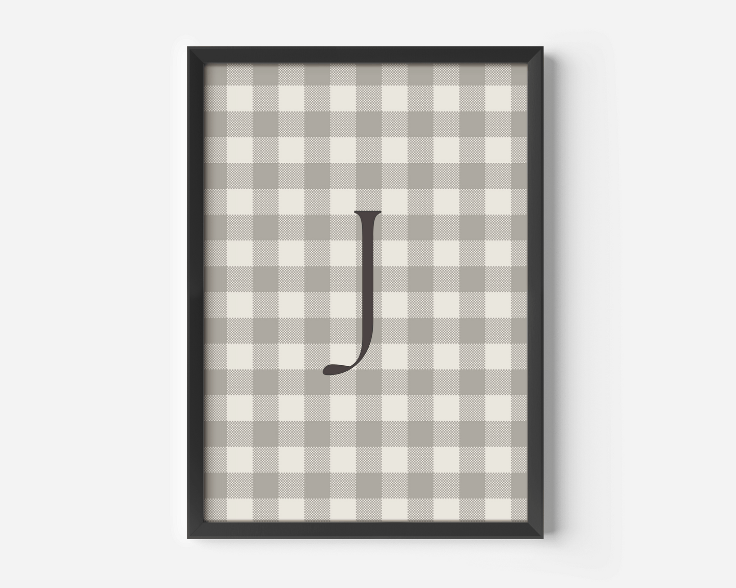 Personalized baby initial print J with soft beige checkered pattern and serif font, boy nursery play room bedroom
