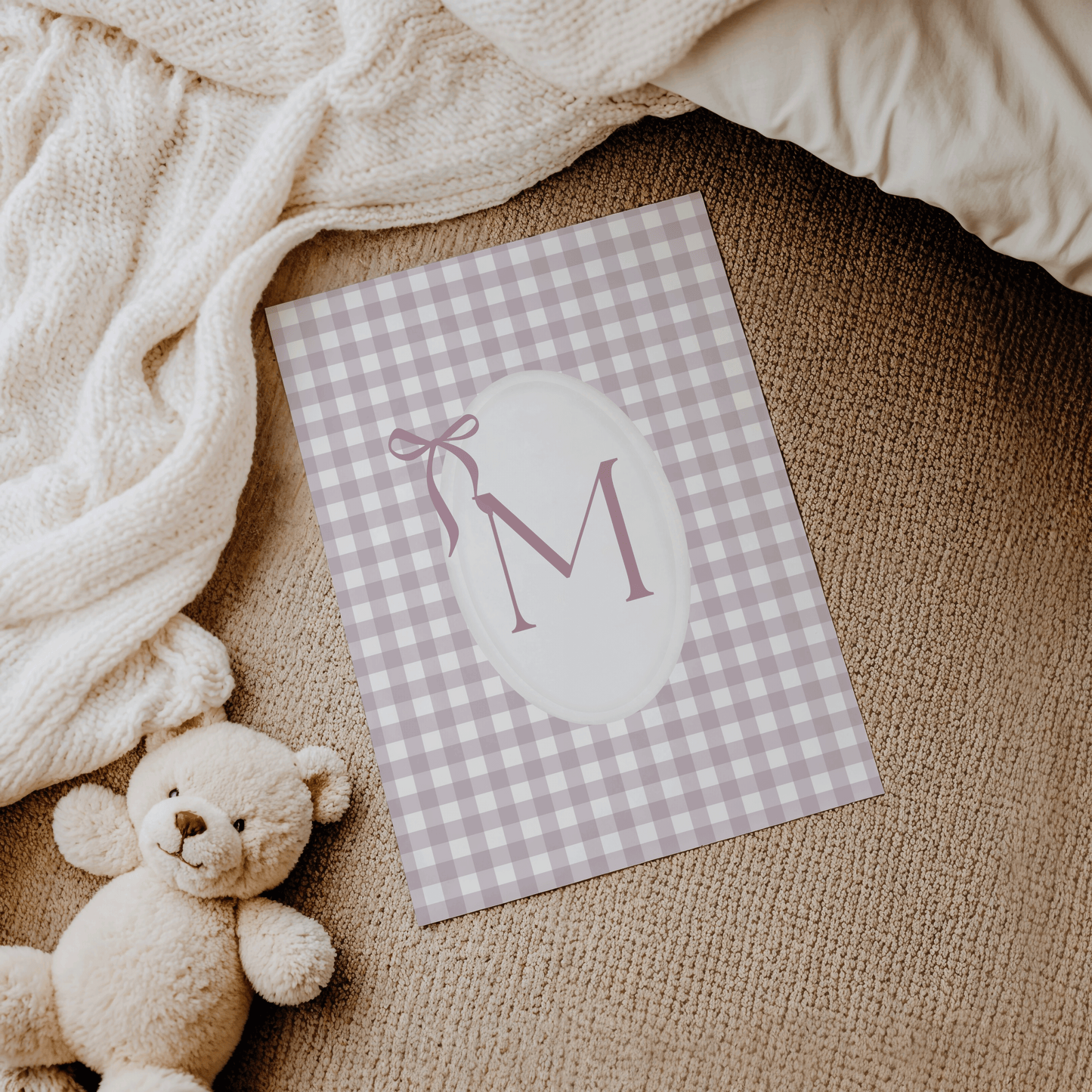 Custom canvas or framed print with child’s initial M and pink ribbon bow, ideal for first birthday gift or baby shower gift or newborn baby gift