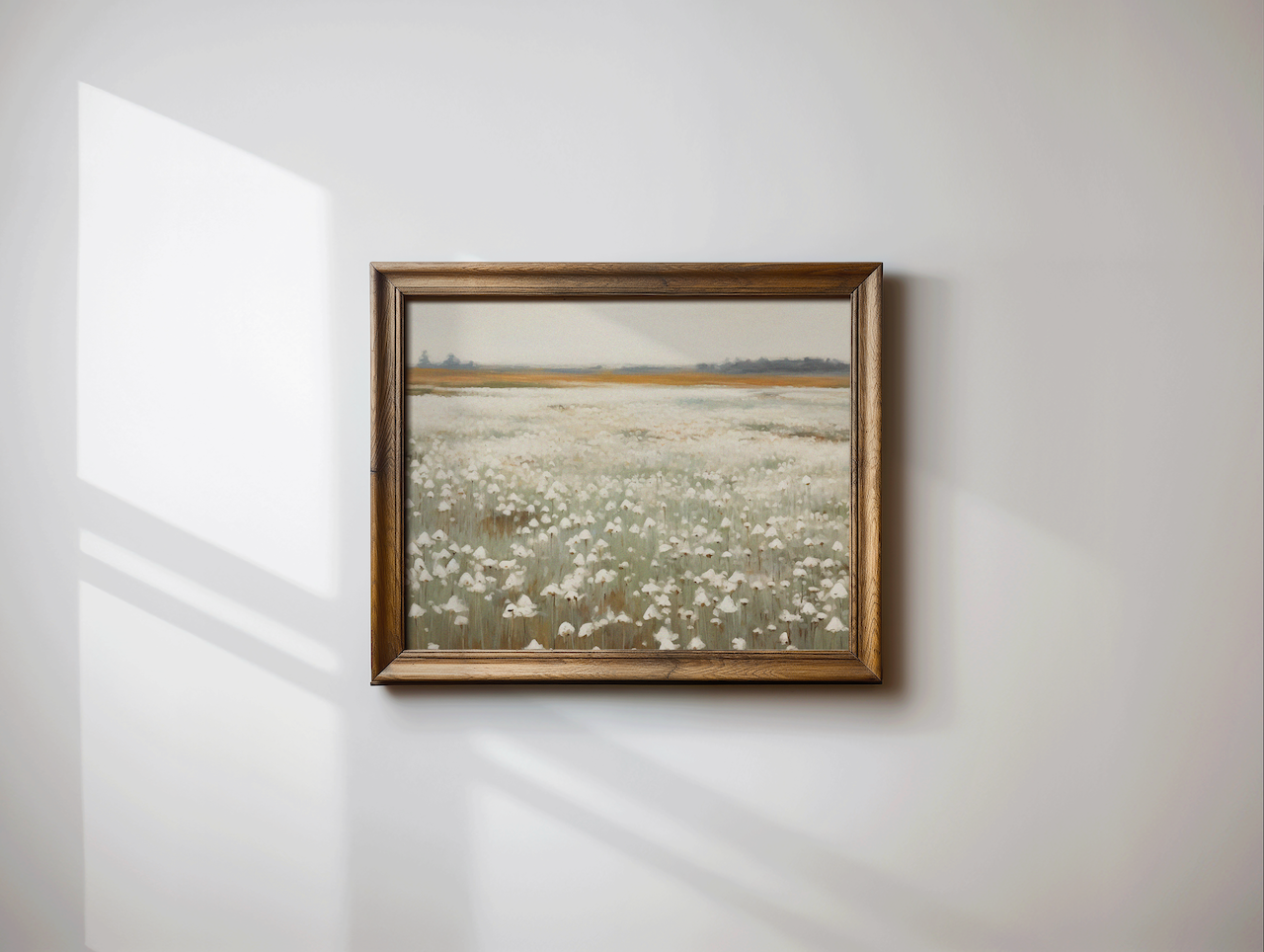 Muted landscape wall art featuring soft neutral tones and botanical shapes, available as a canvas or framed print for living room or bedroom decor or art for bathroom
