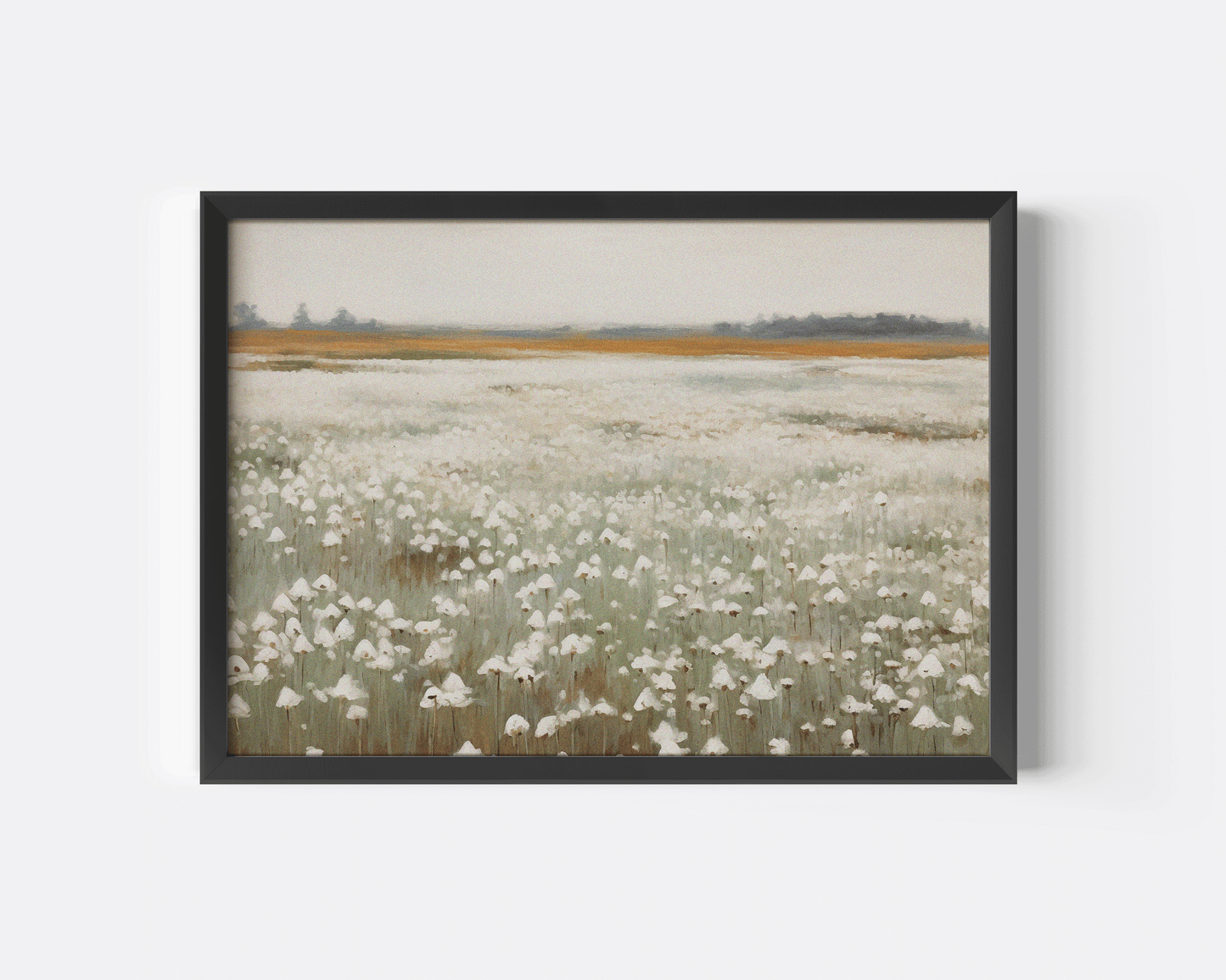 Muted landscape wall art featuring soft neutral tones and botanical shapes, available as a canvas or framed print with black frame