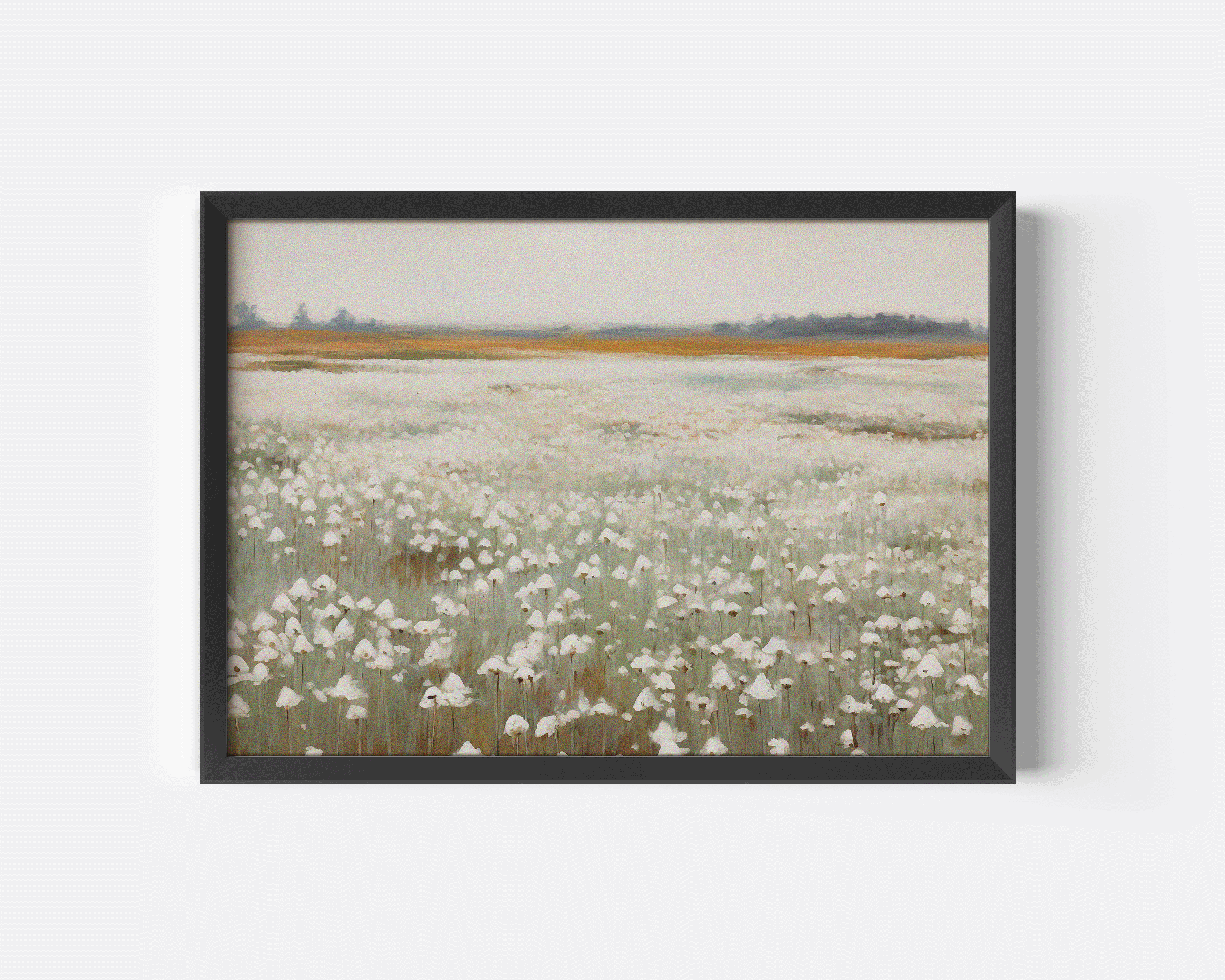 Muted landscape wall art featuring soft neutral tones and botanical shapes, available as a canvas or framed print with black frame