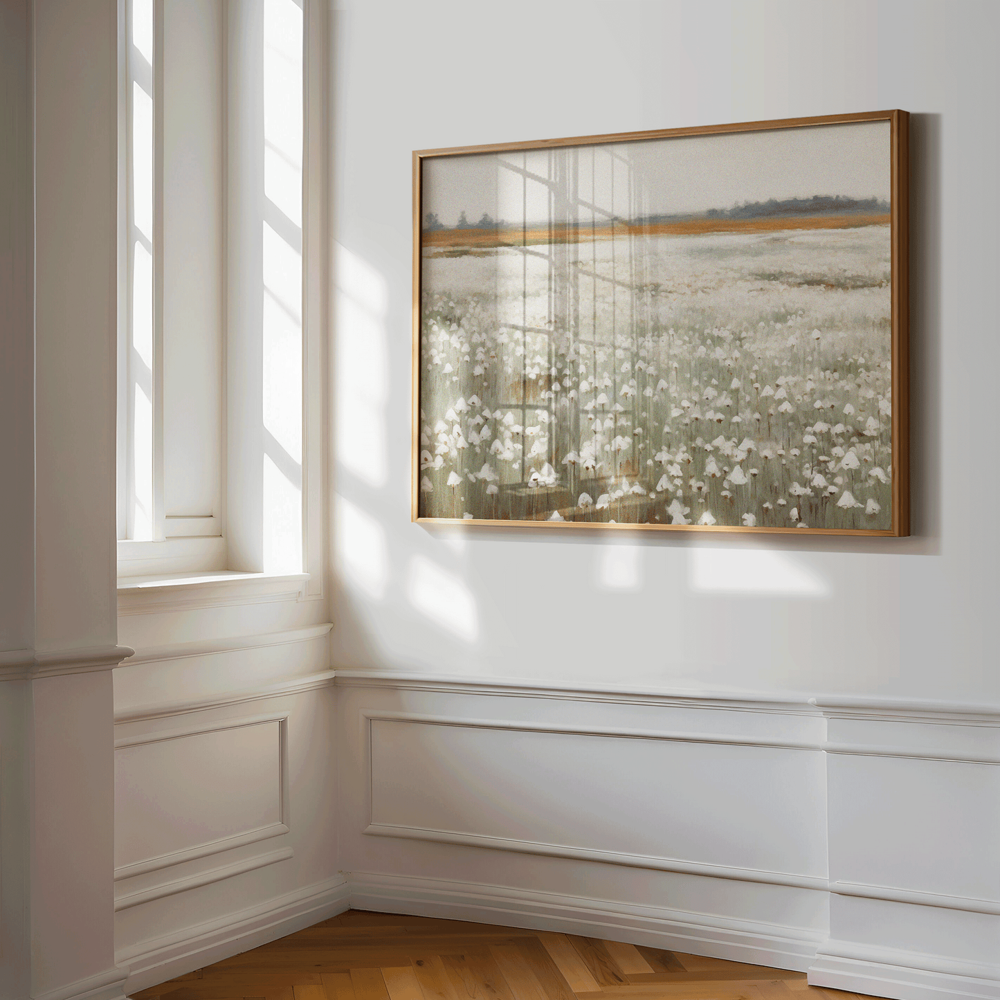 Muted landscape wall art featuring soft neutral tones and botanical shapes, available as a canvas or framed print for hallway wall decor