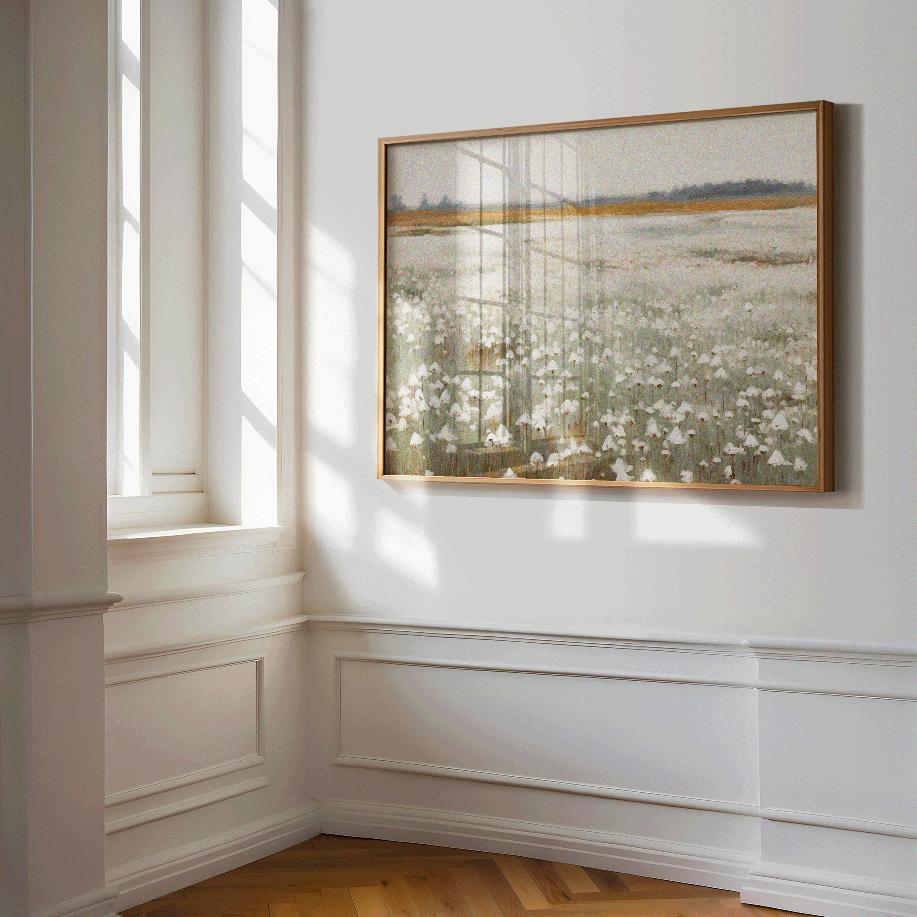 Muted landscape wall art featuring soft neutral tones and botanical shapes, available as a canvas or framed print for hallway wall decor
