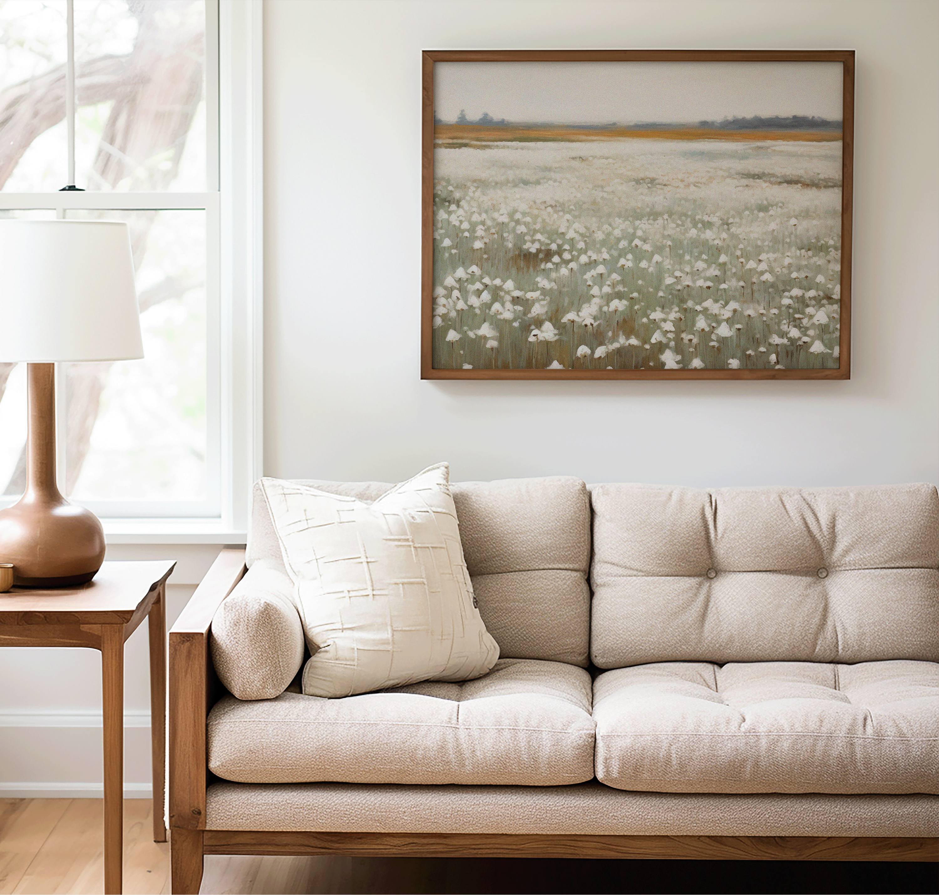 Muted landscape wall art featuring soft neutral tones and botanical shapes, available as a canvas or framed print for living room above couch