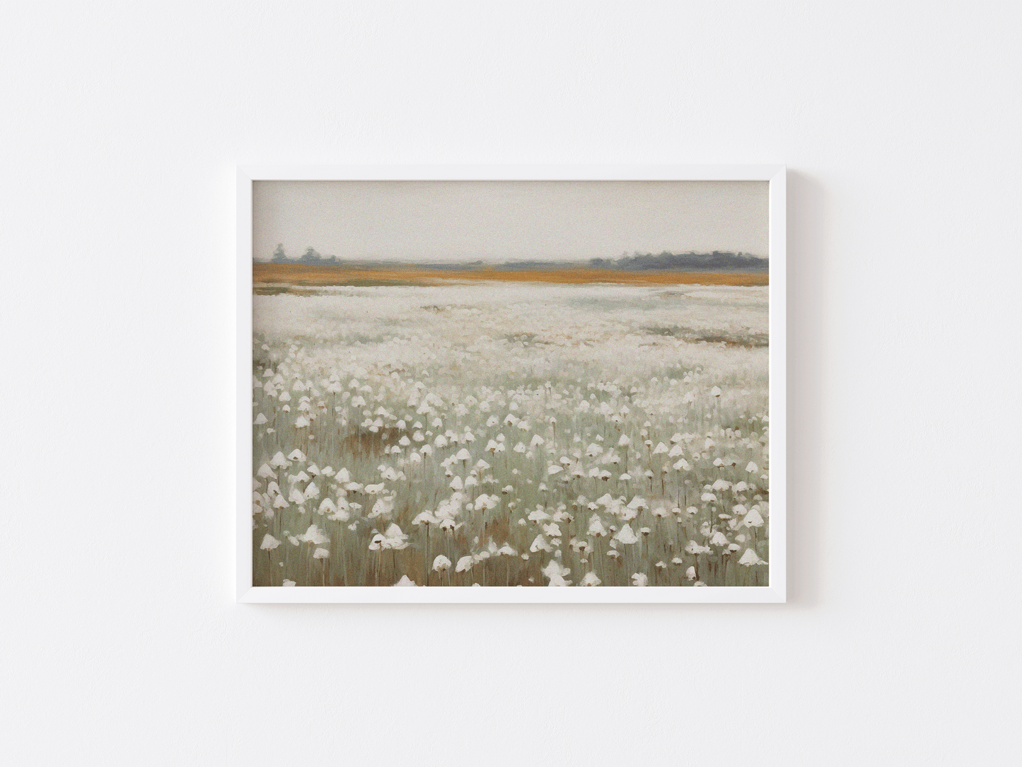 Muted landscape wall art featuring soft neutral tones and botanical shapes, available as a canvas or framed print for living room or bedroom decor or art with white frame