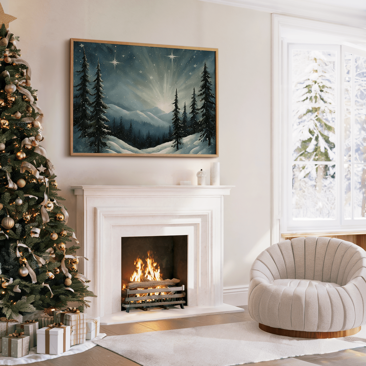 Framed winter night wall art with snowy mountain landscape hanging above a white fireplace, beside a decorated Christmas tree and wrapped holiday gifts in a cozy living room.