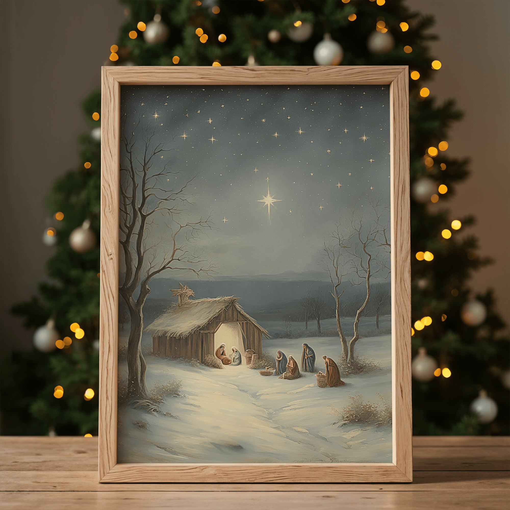 Nativity scene Christmas wall art in a natural wood frame placed in front of a lit Christmas tree with ornaments and golden lights.
