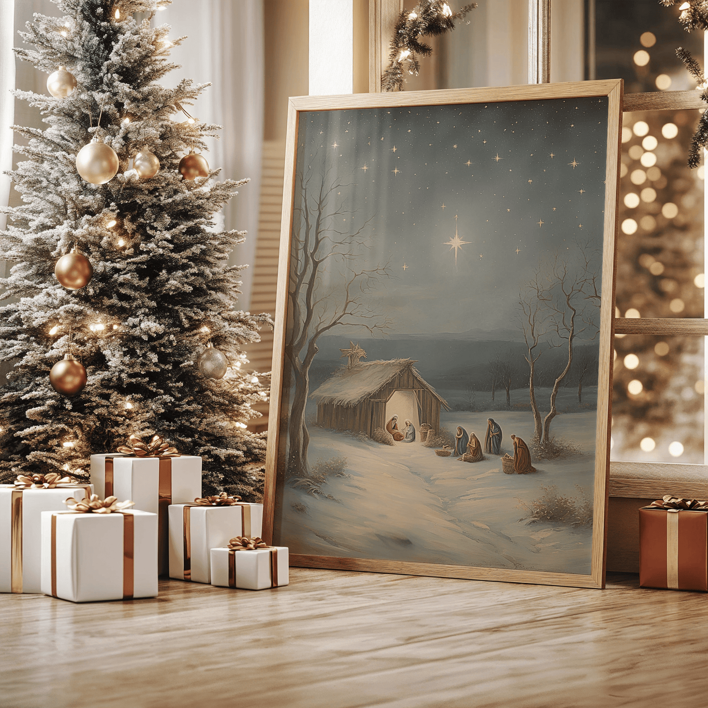 Wooden-framed religious nativity scene Christmas canvas wall art leaning near a decorated tree with wrapped gifts and warm lighting in a cozy holiday living room.
