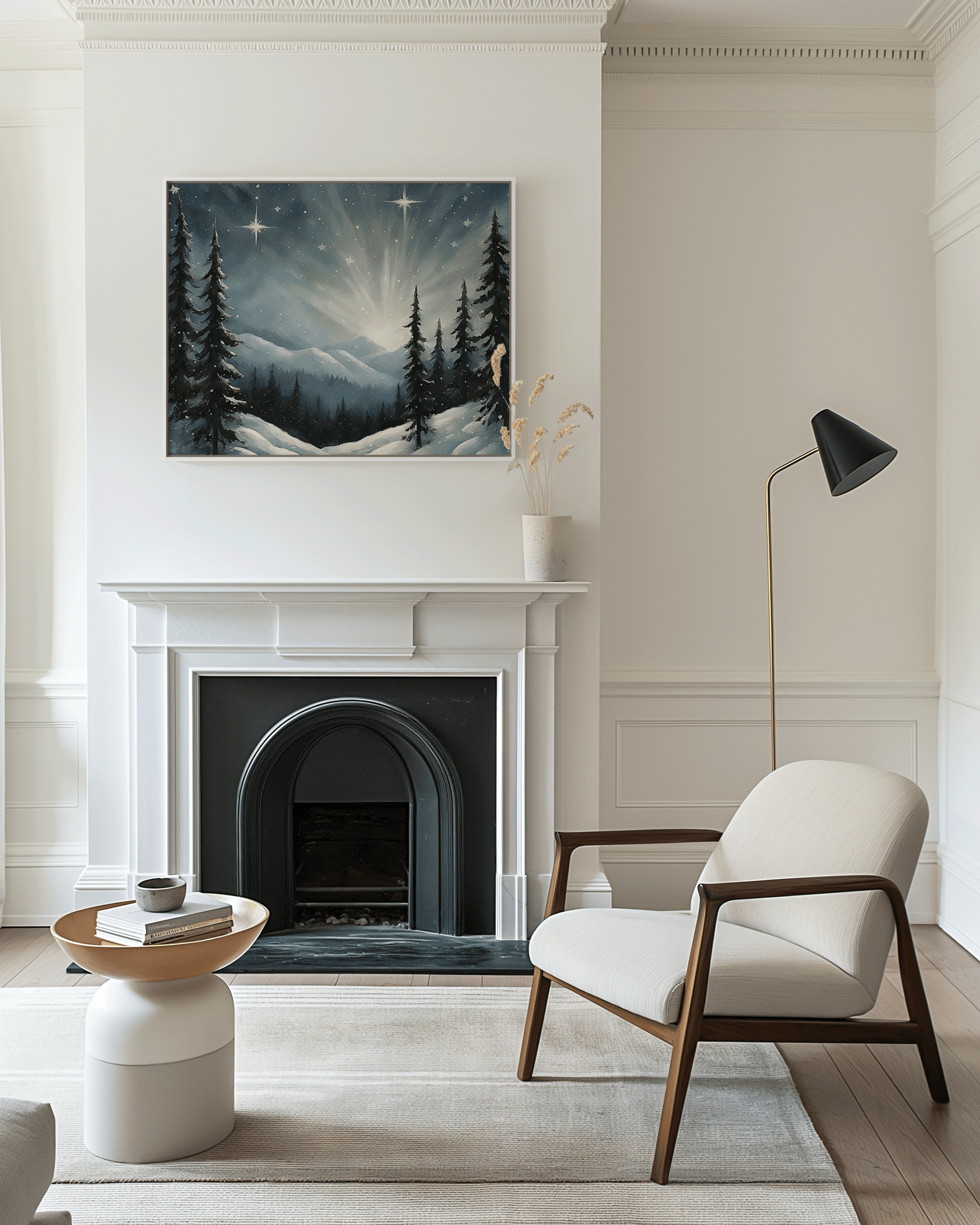 Canvas or fine art print of a star-lit winter forest scene in deep blues in a neutral living room, seasonal holiday wall art decor