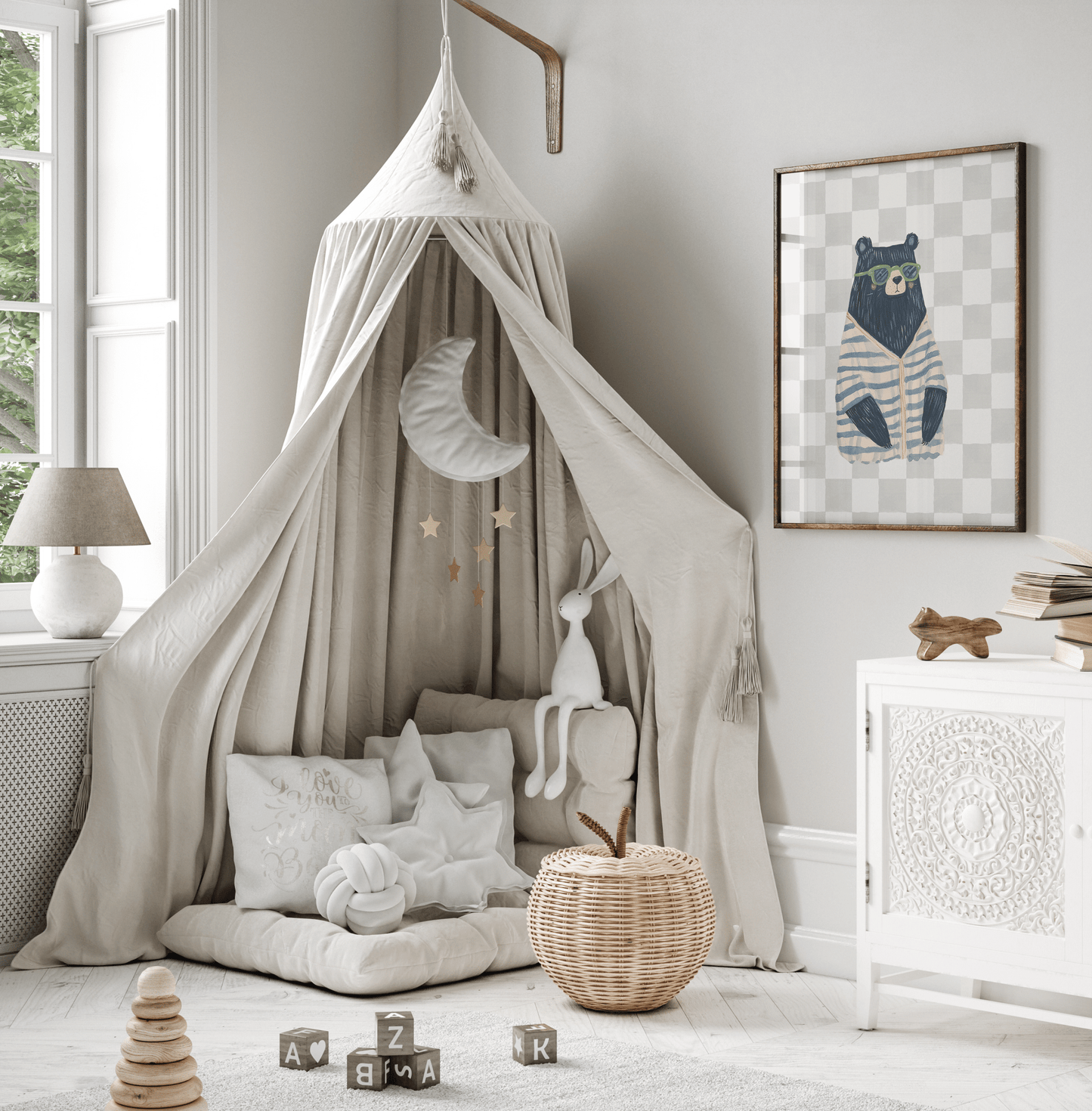 Navy blue bear nursery wall art framed print styled in neutral playroom with beige canopy and wooden toys