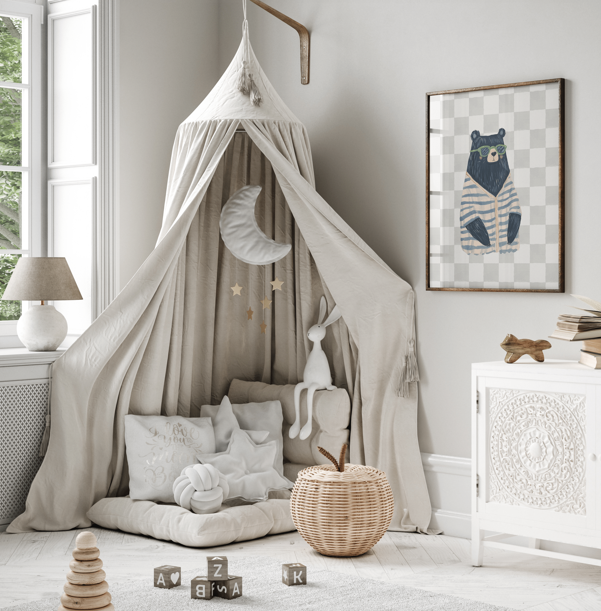 Navy blue bear nursery wall art framed print styled in neutral playroom with beige canopy and wooden toys