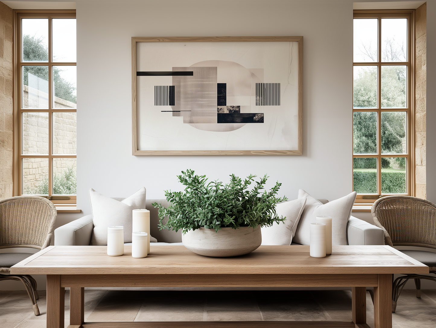 Horizontal mid-century modern abstract wall art layered with beige, black, and taupe shapes and framed above a cream sofa in a minimal living room