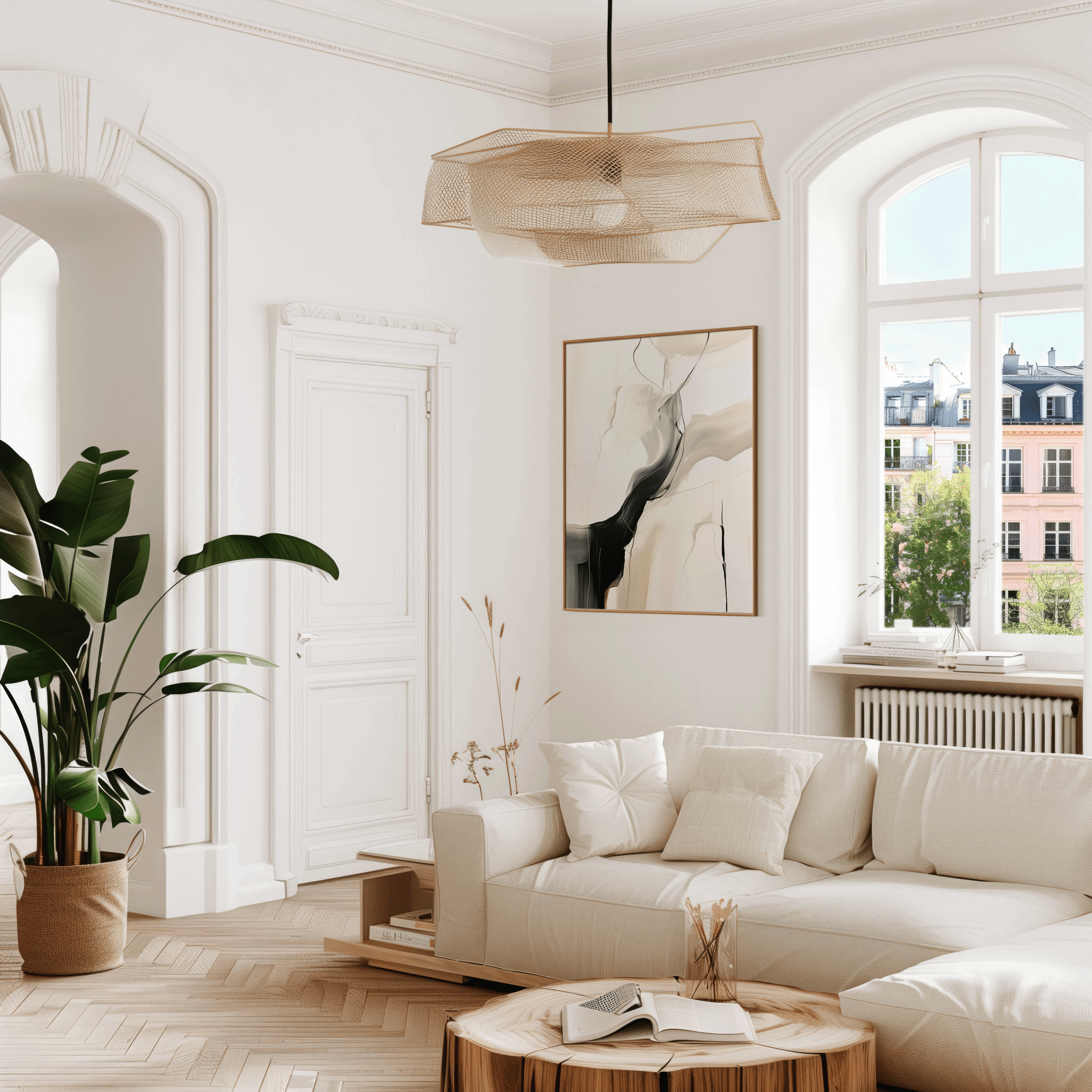 Modern living room with white sofa, wooden coffee table, and modern abstract wall art framed with a mix of black, beige and white movement.