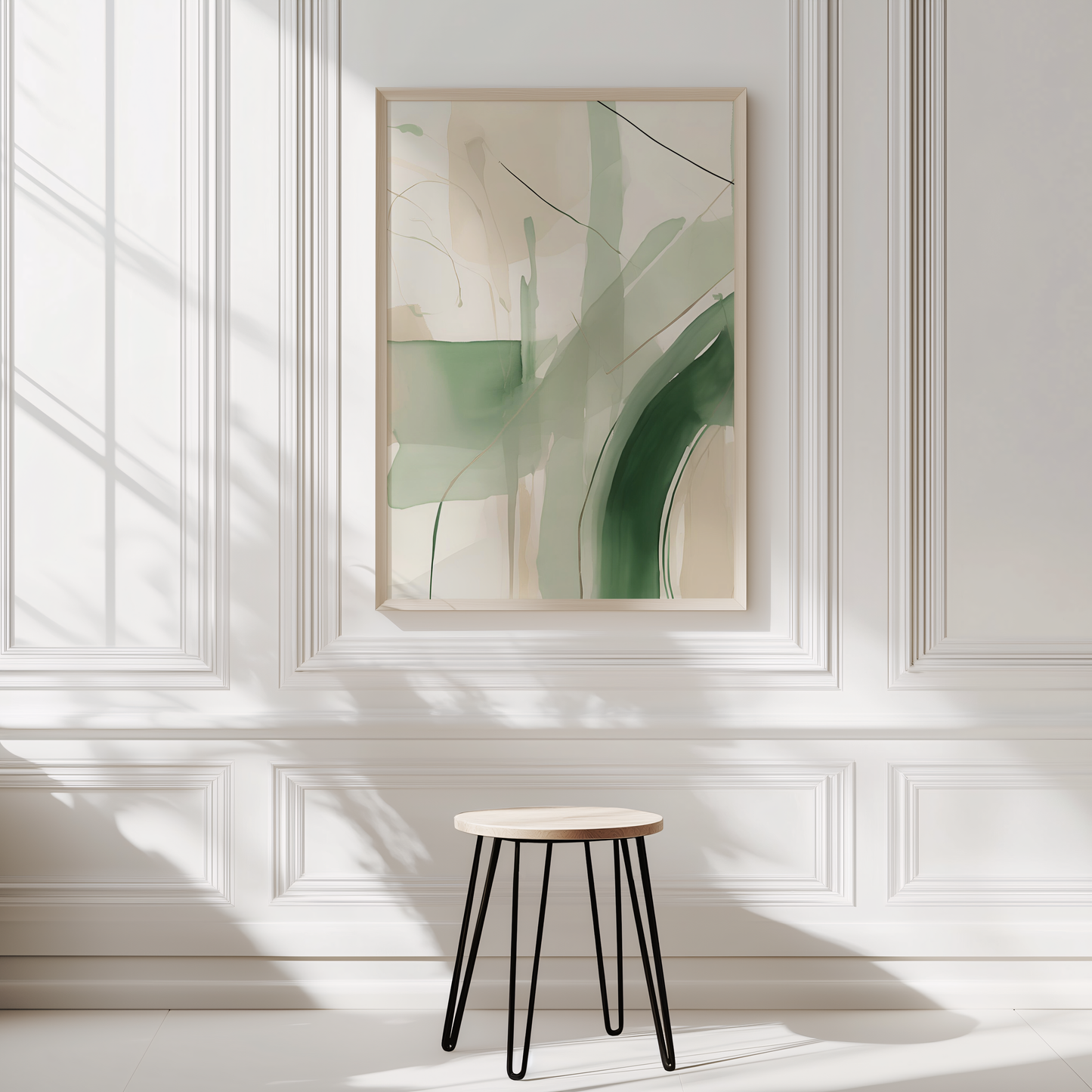 Scandinavian-inspired beige and green abstract wall art print framed with minimal watercolor shapes and designs on a white panelled wall and stool in front.