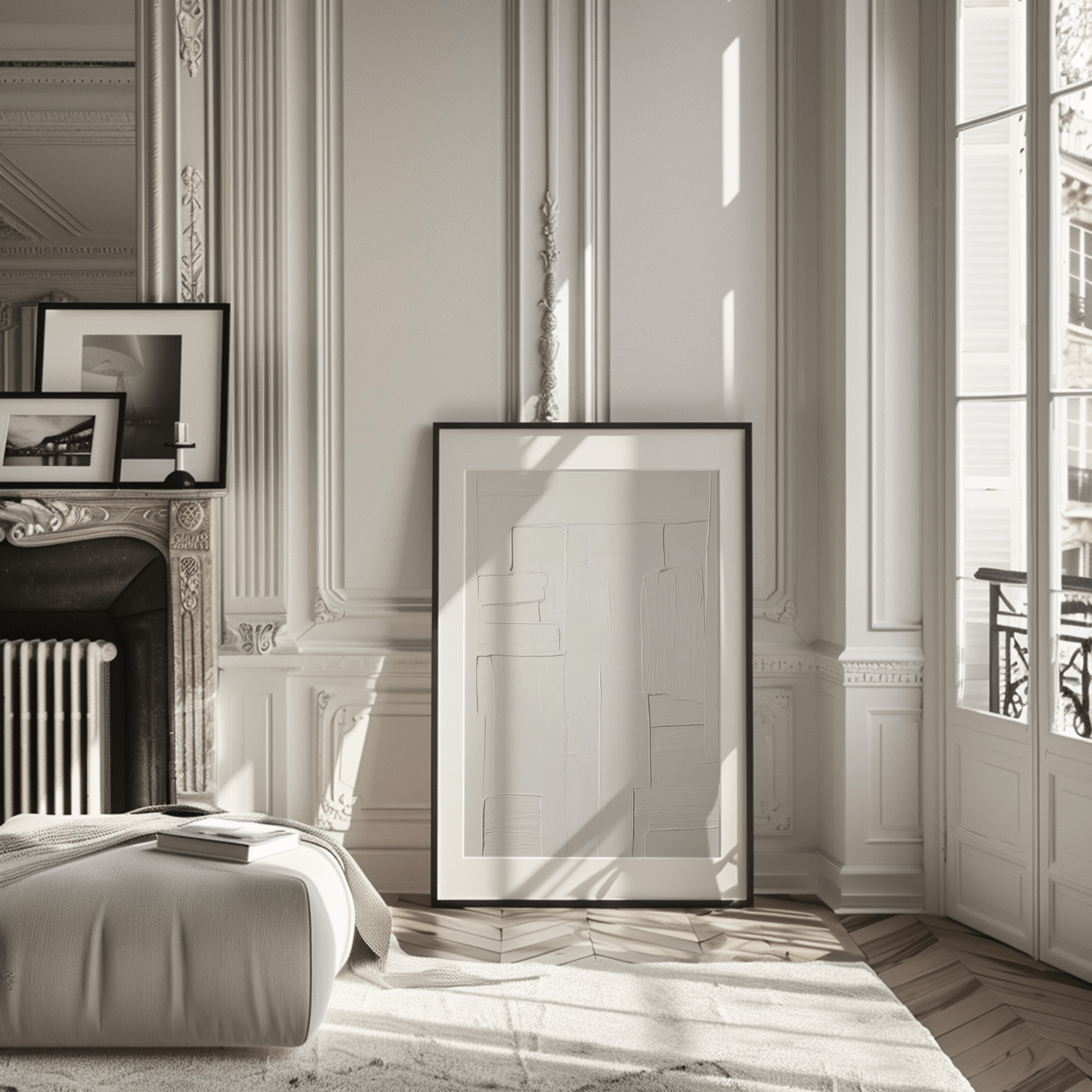 Framed mirror on a wall in an elegant living room with decorative molding and a large window. A white on white minimal abstract print with a black frame is on the floor against the wall next to the fireplace.