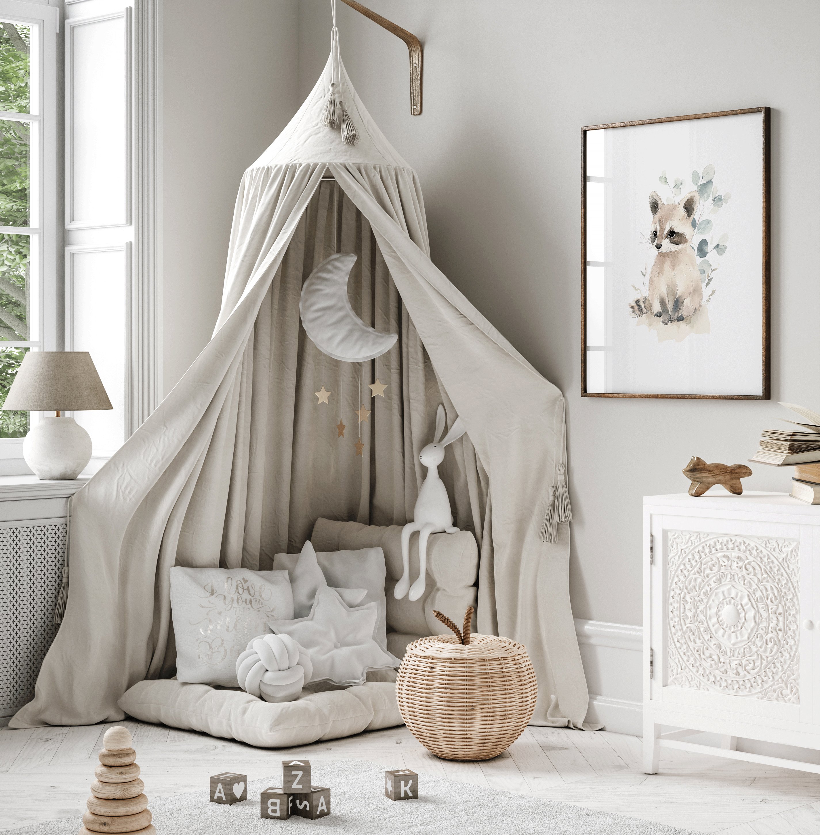 Neutral raccoon nursery or kids play room wall art in frame with minimalist modern decor