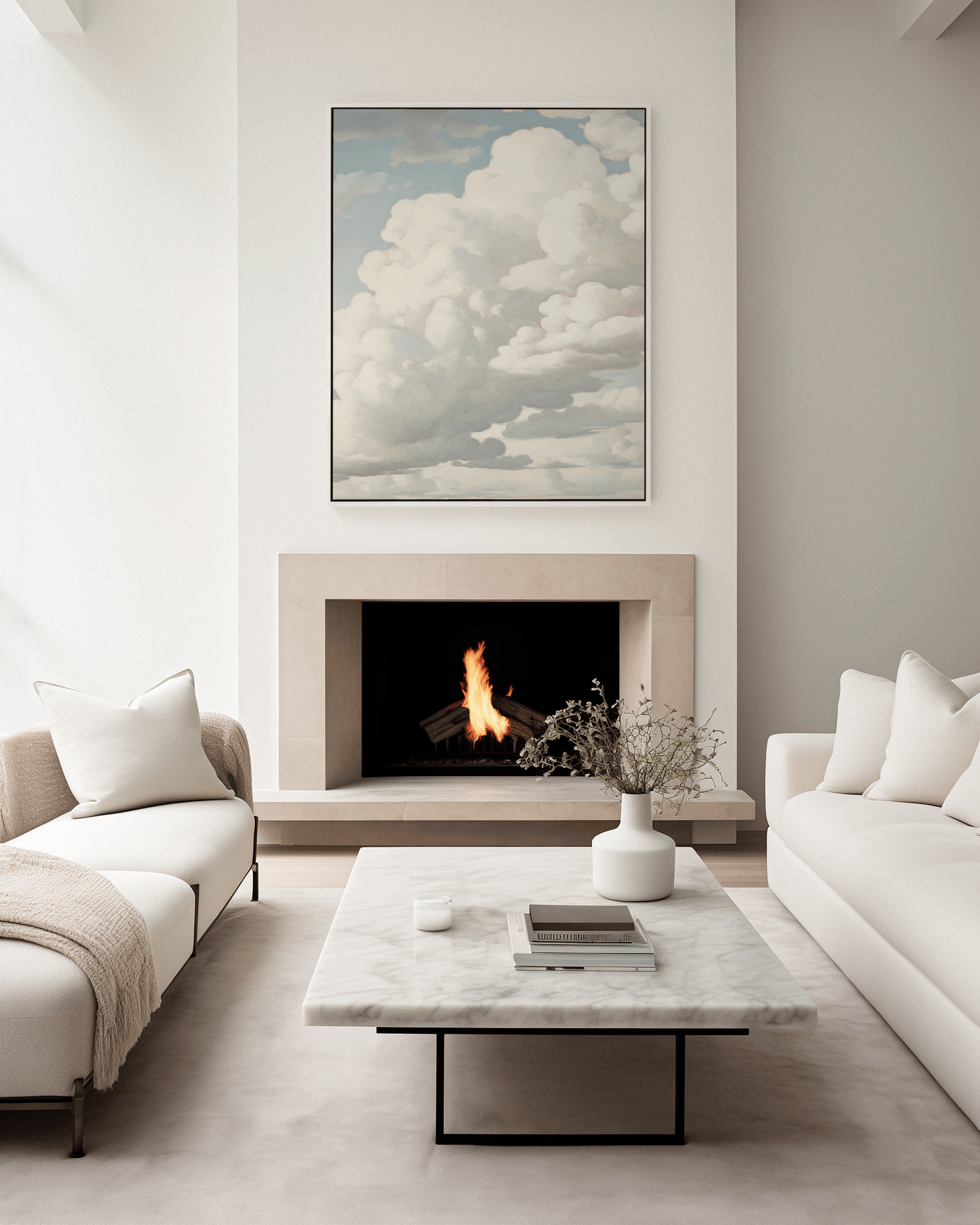 Serene cloudscape painting with airy atmosphere for living room decor