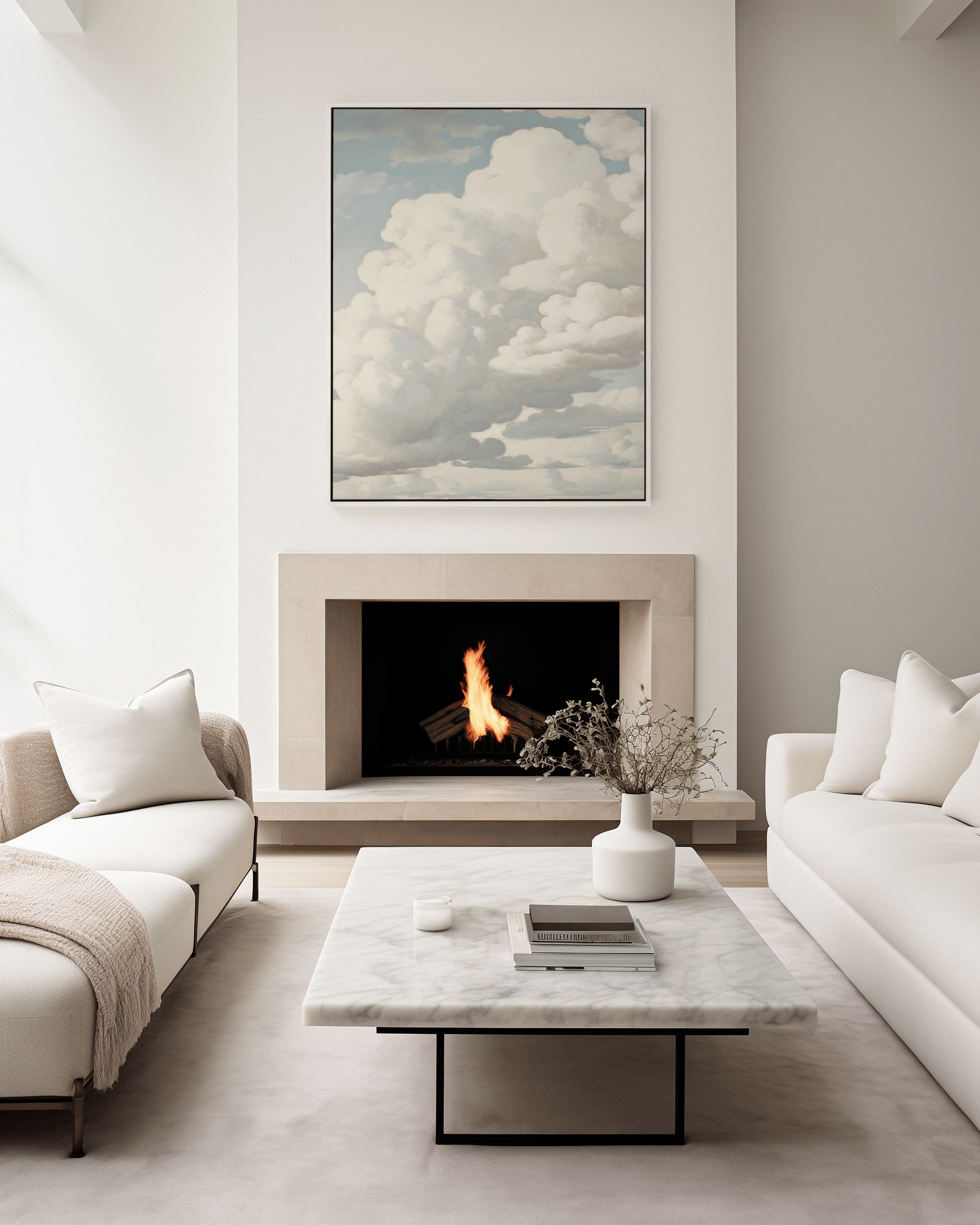 Serene cloudscape painting with airy atmosphere for living room decor