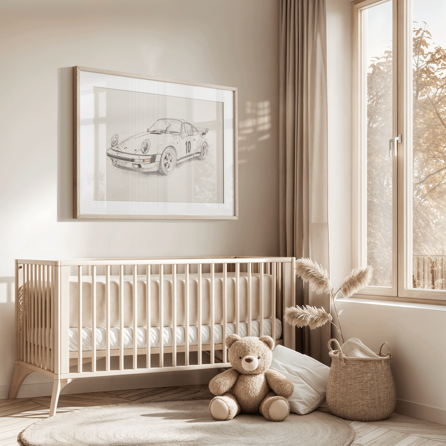 Framed vintage Porsche car drawing hung above a crib in a soft neutral baby nursery with a bear and beige accents