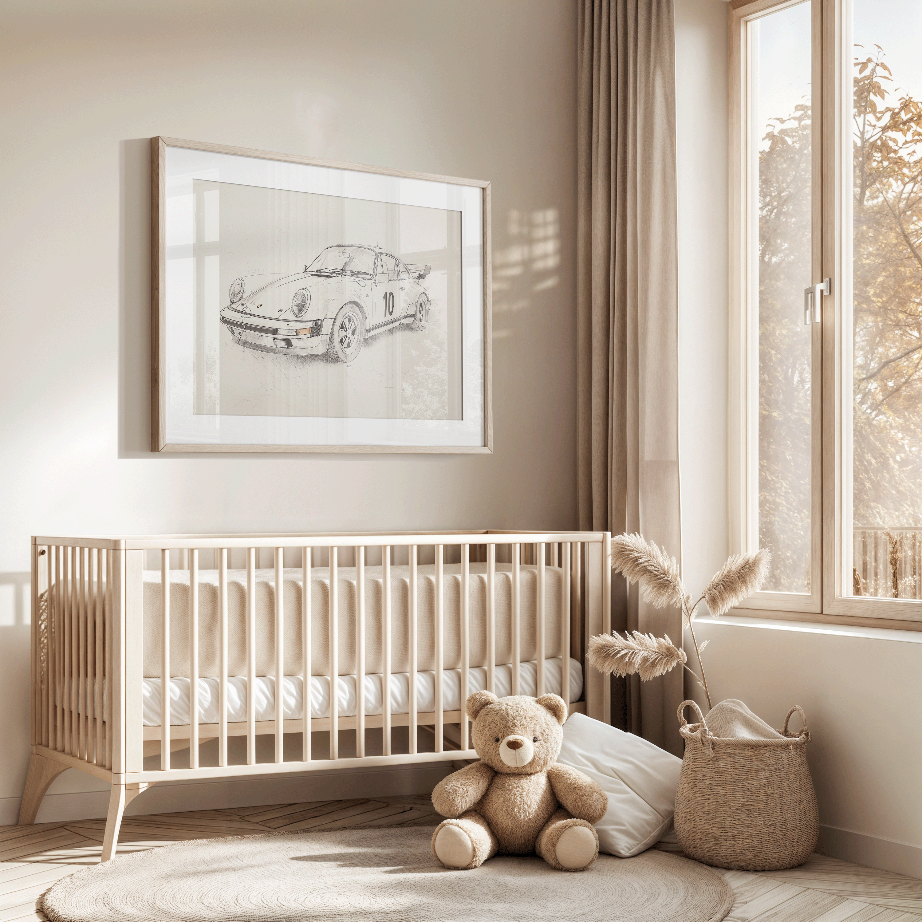Framed vintage Porsche car drawing hung above a crib in a soft neutral baby nursery with a bear and beige accents