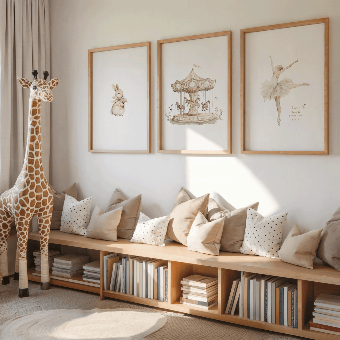 Set of three nursery prints—vintage neutral ballet dancer, carousel, and bunny rabbit—framed above kids’ reading bench with books and a plush giraffe.