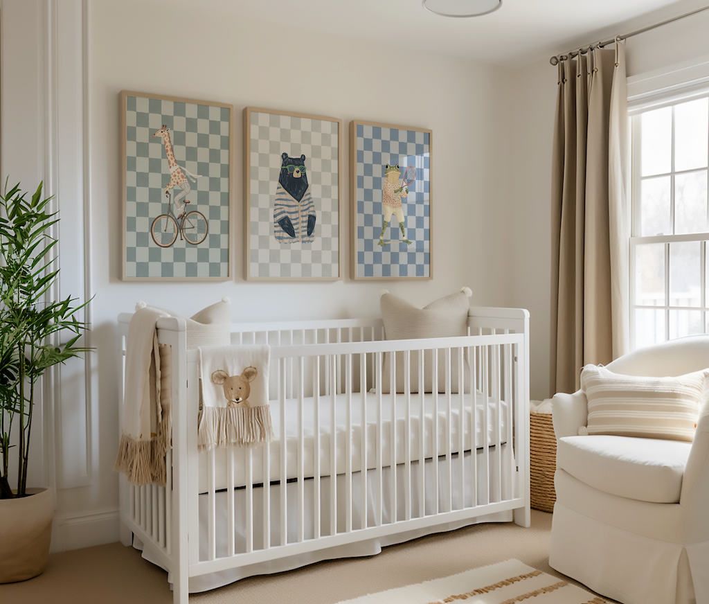 Nursery wall art set featuring three funky prints – a giraffe on a bike, a bear in sunglasses, and a preppy frog – styled above a white crib in a modern boys’ nursery. Available as framed fine art paper or canvas.