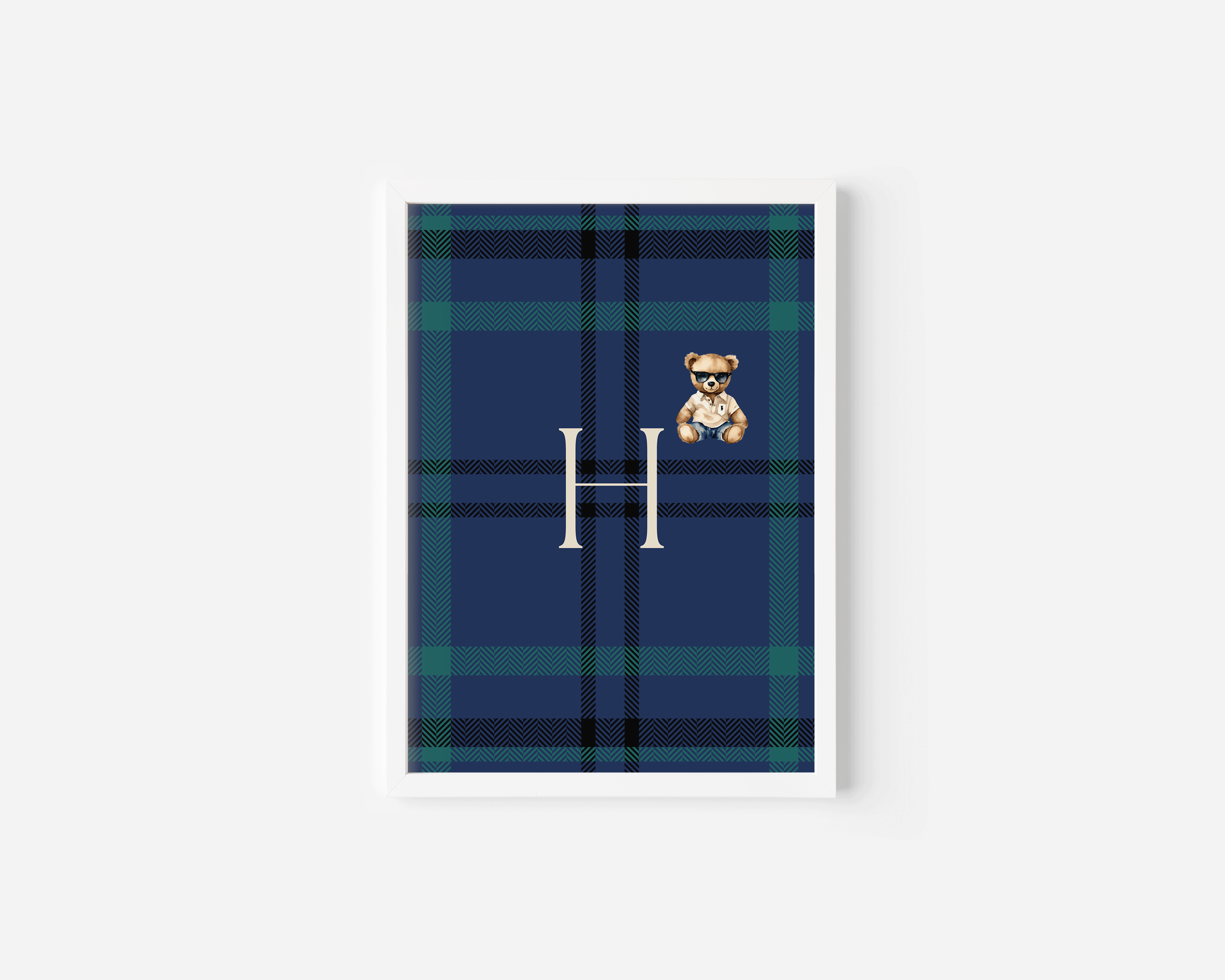 Baby boy initial letter H wall print with green and navy check pattern and stylish bear
