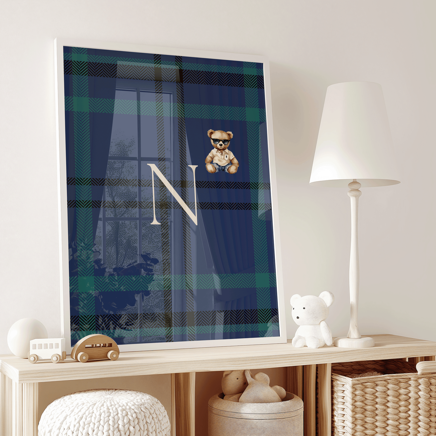 Framed boy monogram print featuring green and navy plaid with classic bear design and monogram initial N