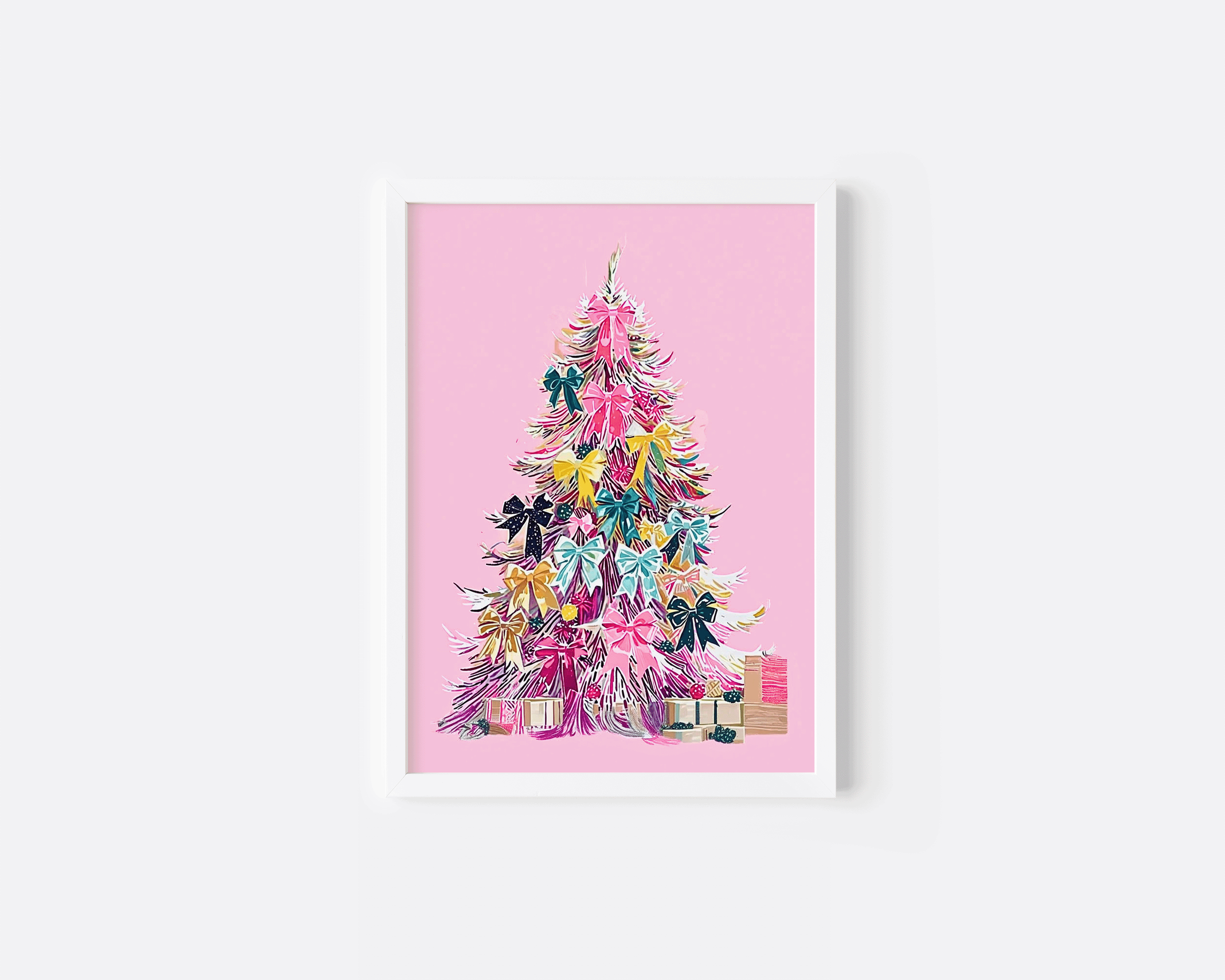 Close up of pink Christmas tree wall art in white frame showing colorful bows and presents under the tree
