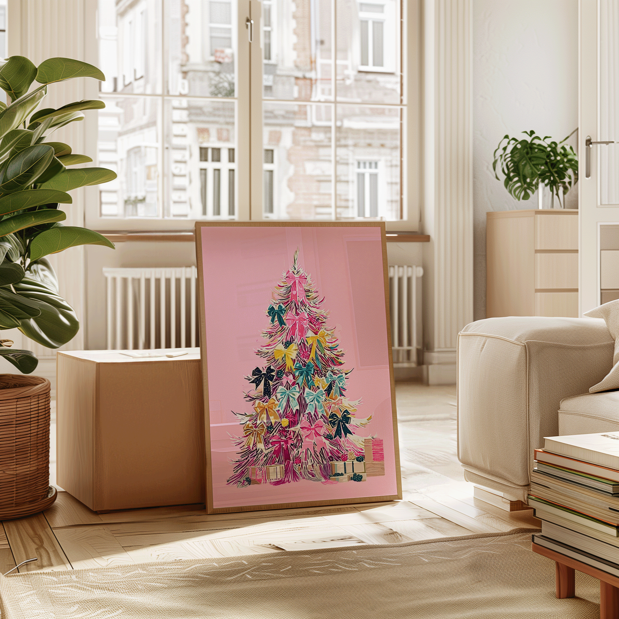 Pink Christmas wall art print framed in light wood, leaning on wall in cozy modern apartment living room