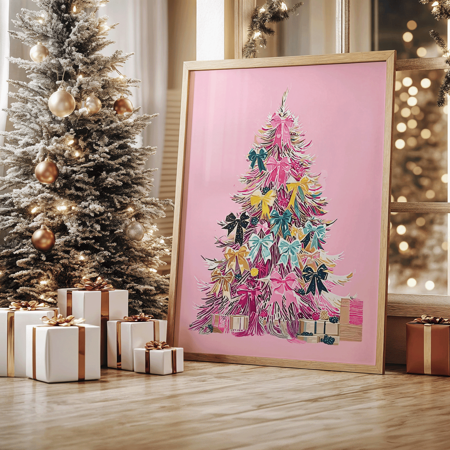 Framed pink Christmas wall art displayed beside decorated tree and presents, vibrant modern holiday decor