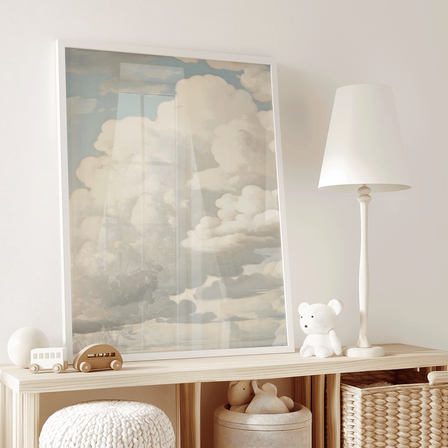 Vintage cloudscape wall art with soft white clouds and blue sky in a kids playroom or nursery