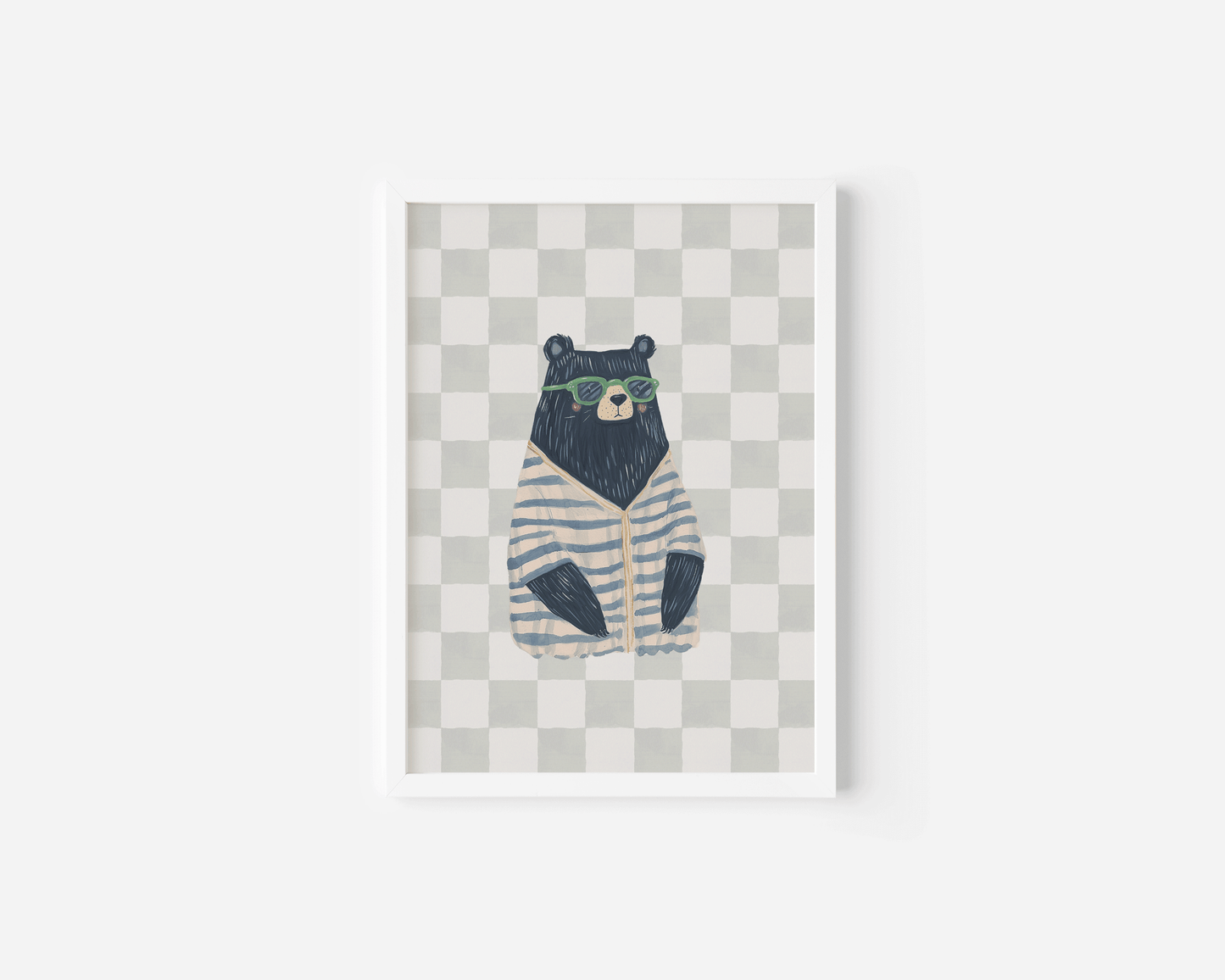 Preppy bear nursery canvas wall art print with a white frame in navy blue, grey and beige tones, modern animal artwork for boys nursery or toddler bedroom