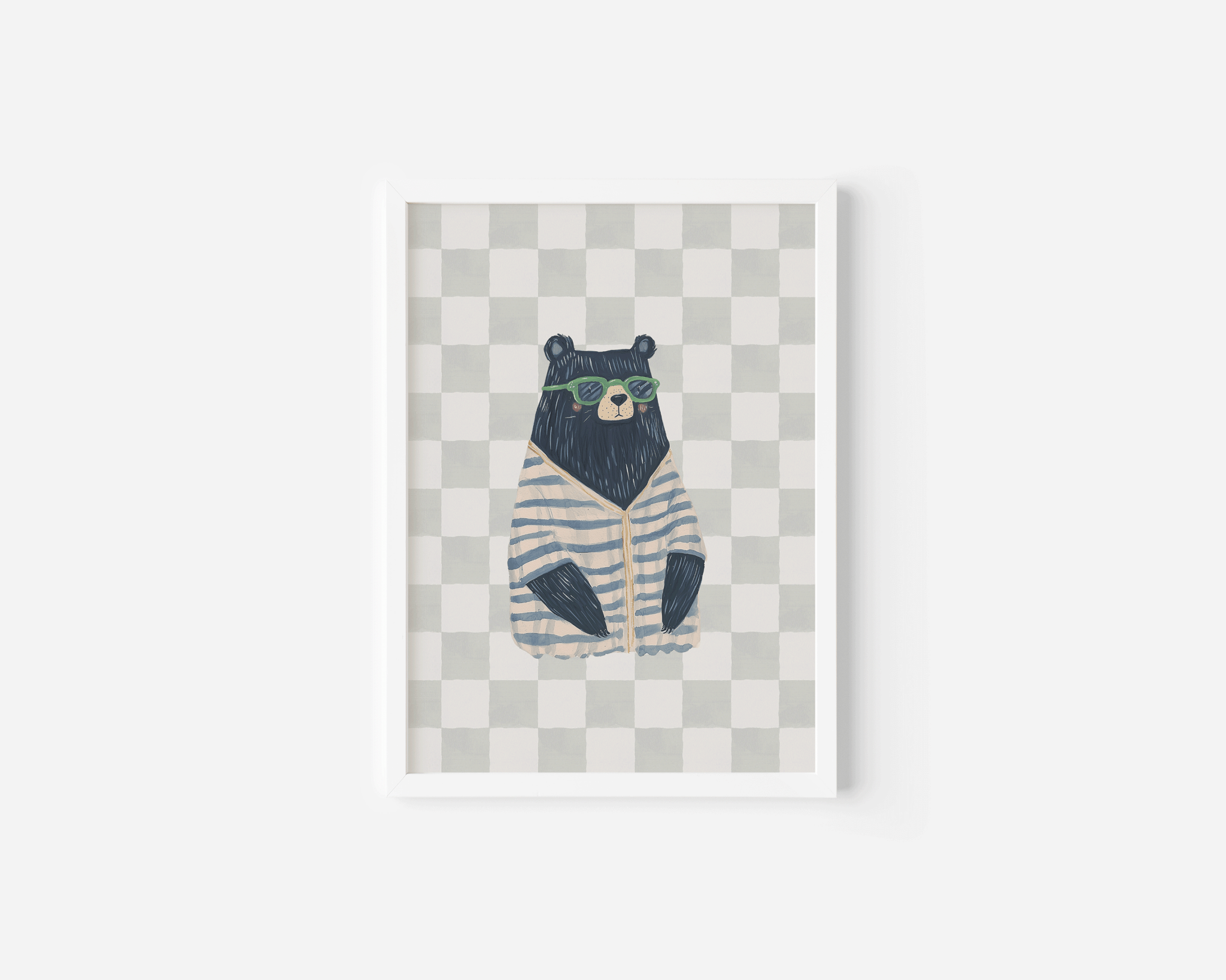 Preppy bear nursery canvas wall art print with a white frame in navy blue, grey and beige tones, modern animal artwork for boys nursery or toddler bedroom
