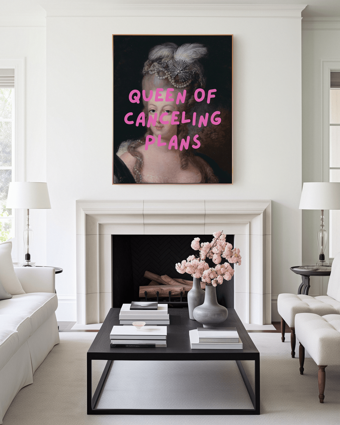 Funny “Queen of Canceling Plans” wall art print with vintage royal portrait and bold pink text, perfect for introvert home decor, marie antoinette