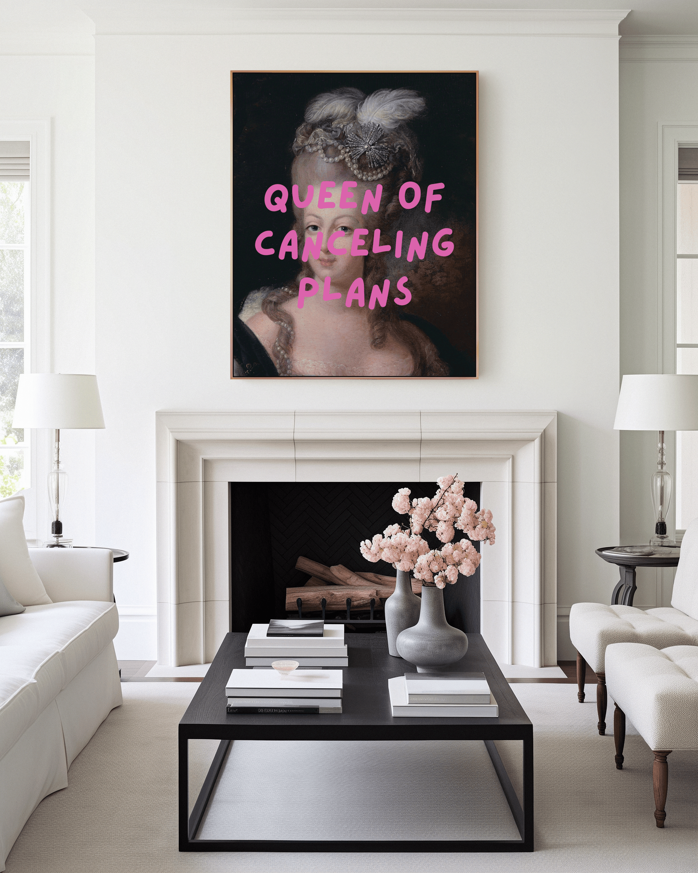 Funny “Queen of Canceling Plans” wall art print with vintage royal portrait and bold pink text, perfect for introvert home decor, marie antoinette