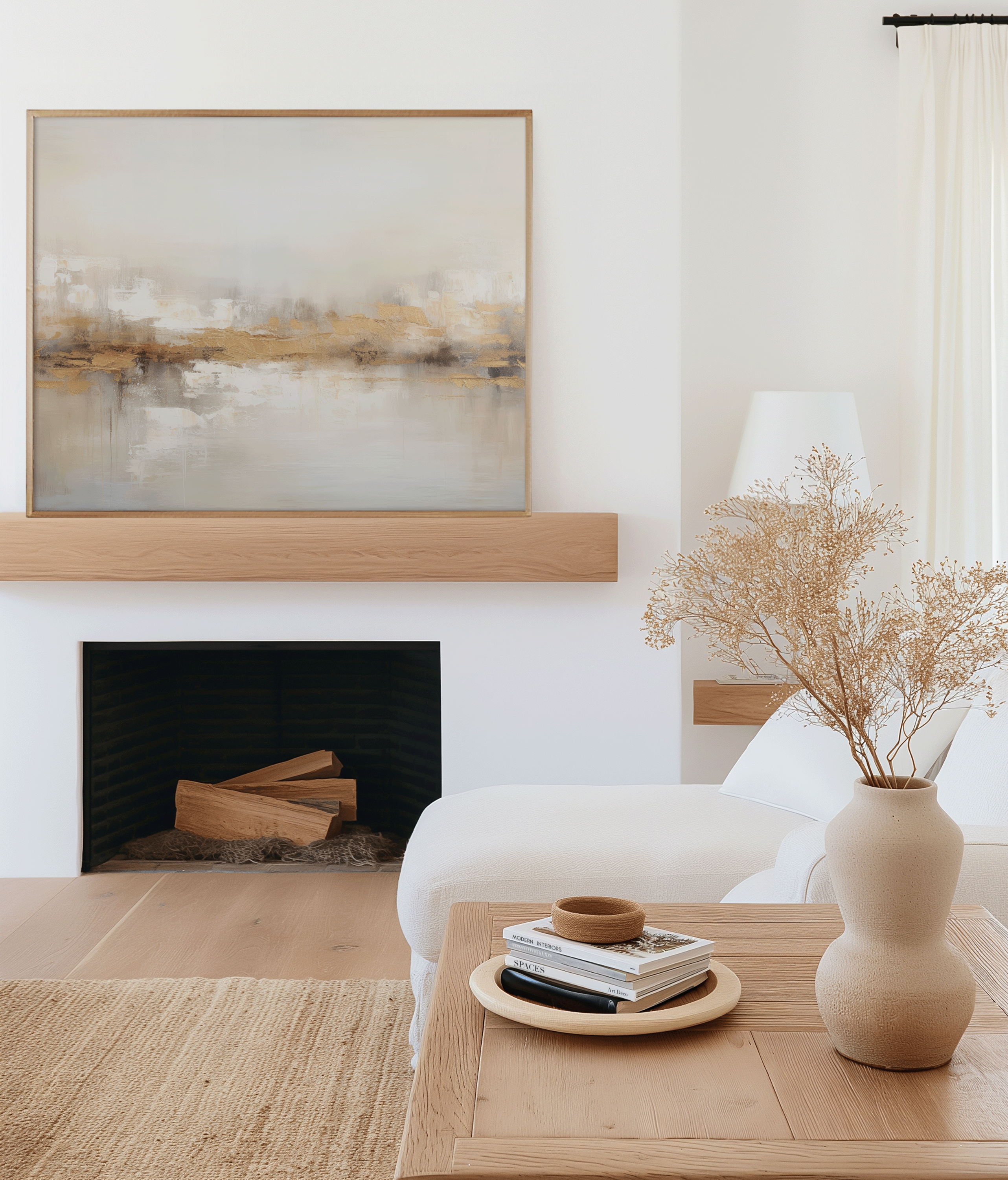 Neutral abstract painting with beige, white, taupe, and metallic gold accents — modern textured canvas wall art perfect for elegant home decor. living room fireplace mantle
