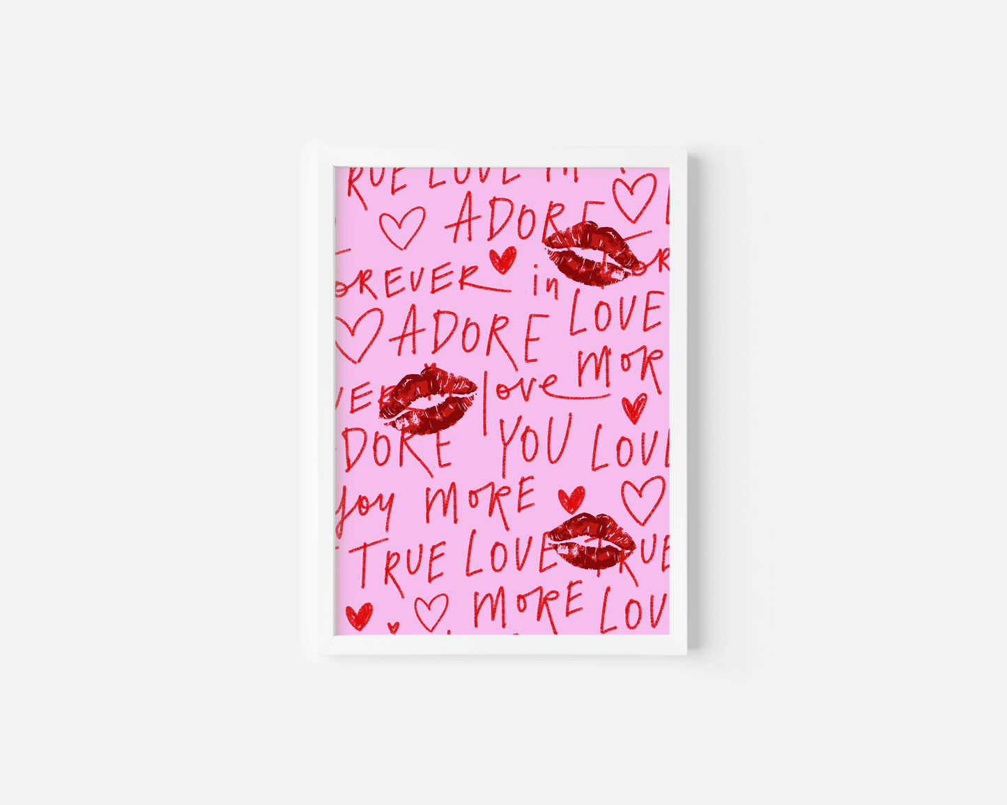 Red lips and love words wall art on pink background – romantic print with kiss marks and handwritten text, graffiti style wall art