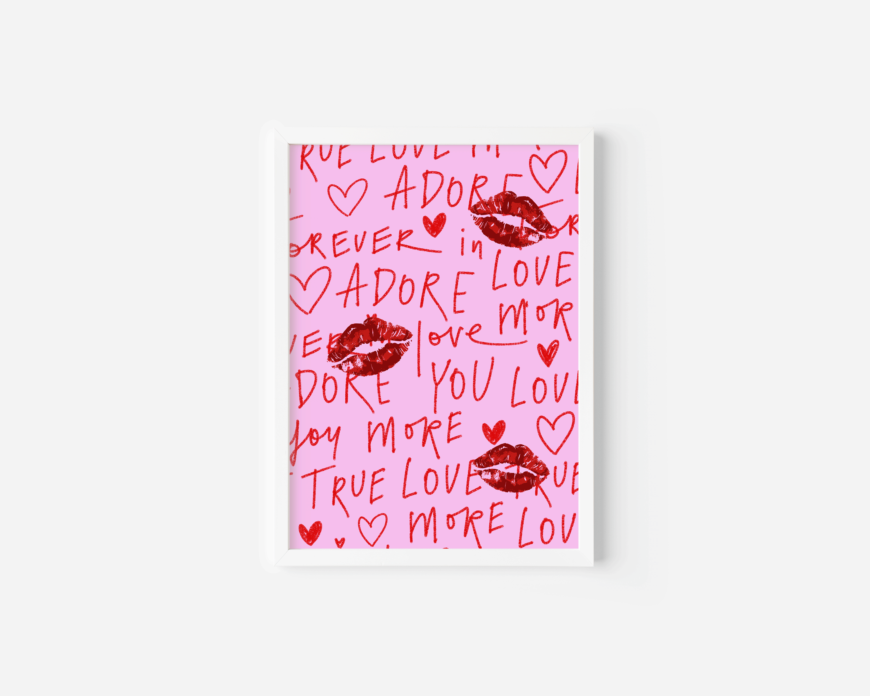 Red lips and love words wall art on pink background – romantic print with kiss marks and handwritten text, graffiti style wall art