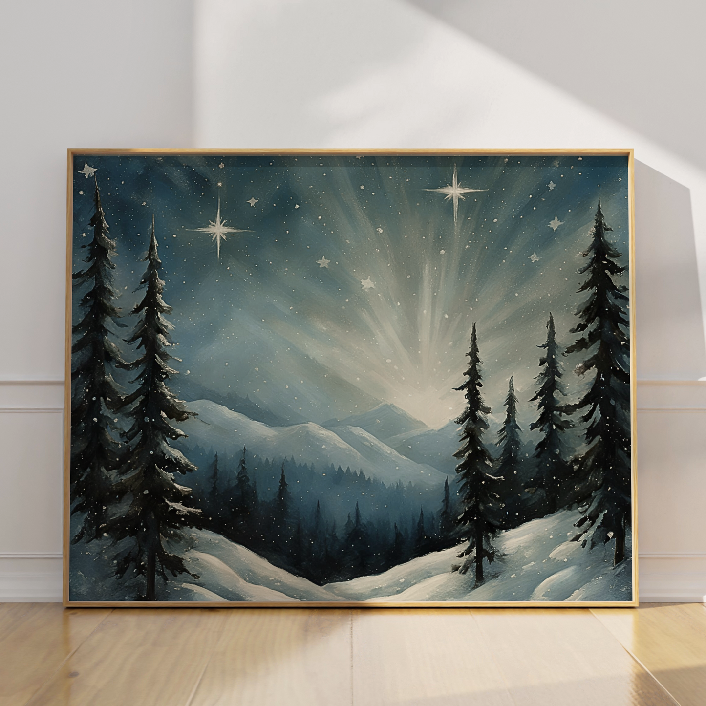 Framed winter night canvas print with serene mountain backdrop and celestial glow