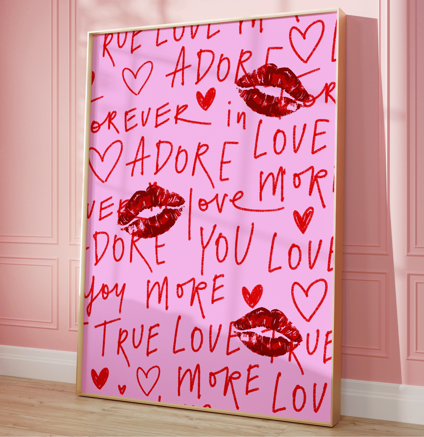 Red lips and love words wall art on pink background – romantic print with kiss marks and handwritten text, graffiti style wall art