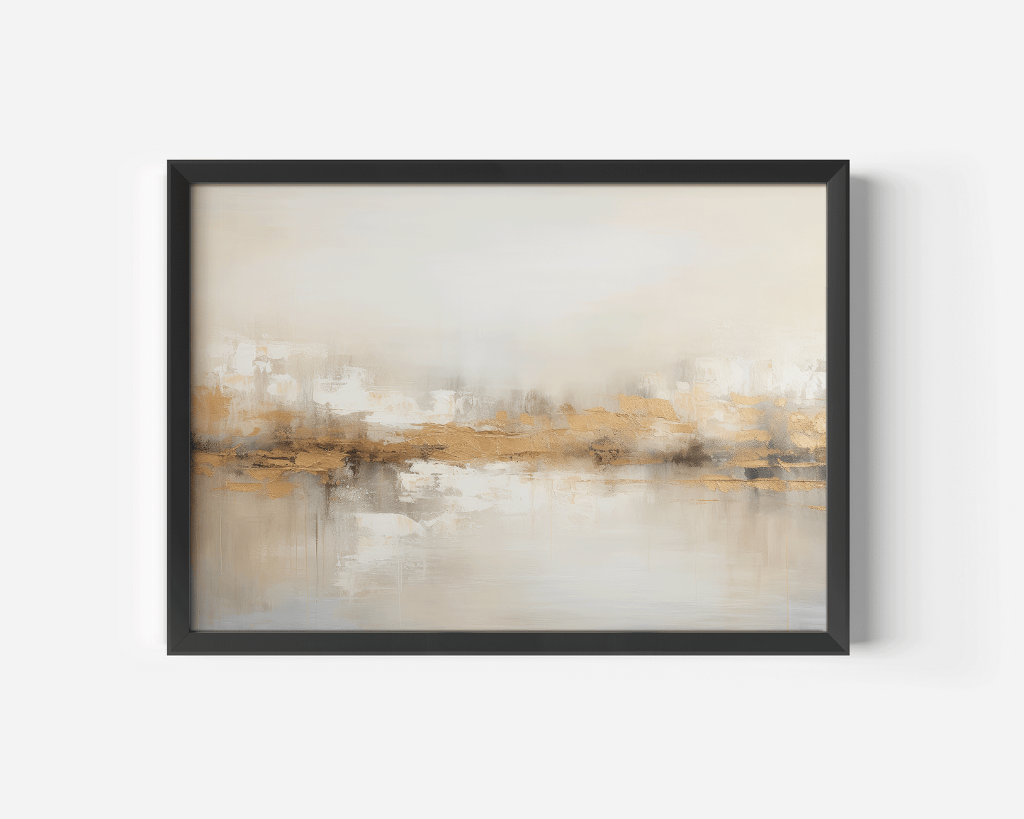 Neutral abstract painting with beige, white, taupe, and metallic gold accents — modern textured canvas wall art perfect for elegant home decor.