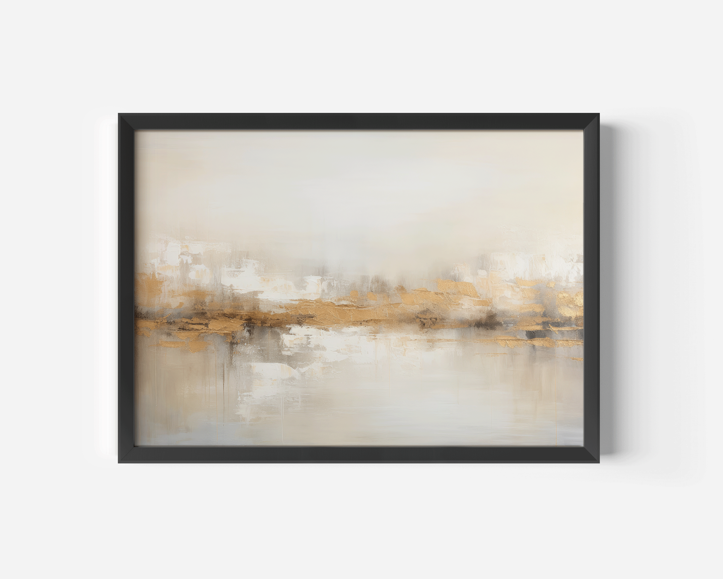 Neutral abstract painting with beige, white, taupe, and metallic gold accents — modern textured canvas wall art perfect for elegant home decor.
