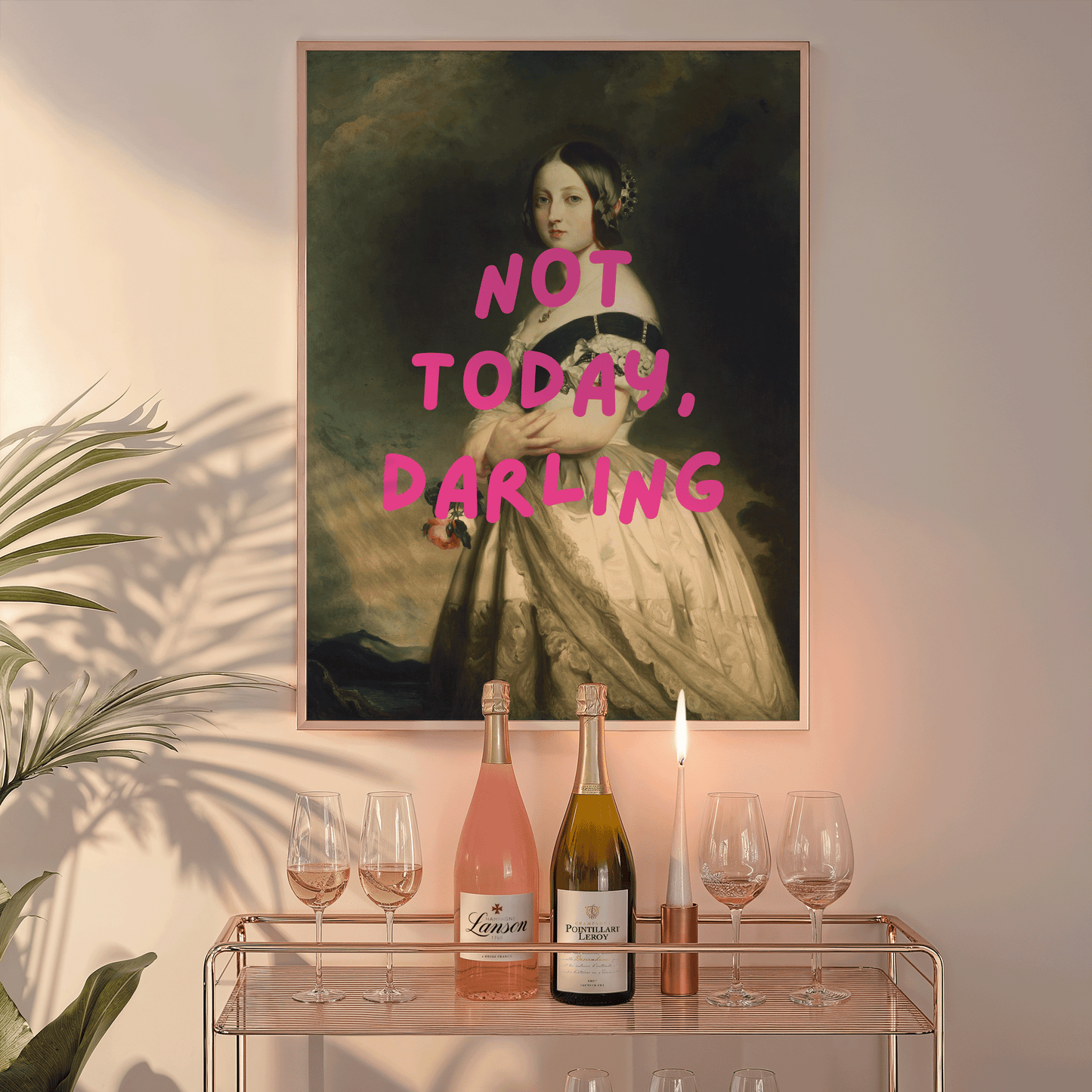 Vintage-style portrait of a woman in an elegant gown with bold pink text reading “Not Today, Darling” — funny wall art print for modern spaces. marie Antoinette altered rococo-inspired renaissance art of a victorian woman. black framed canvas wall art print for bar car wall decor