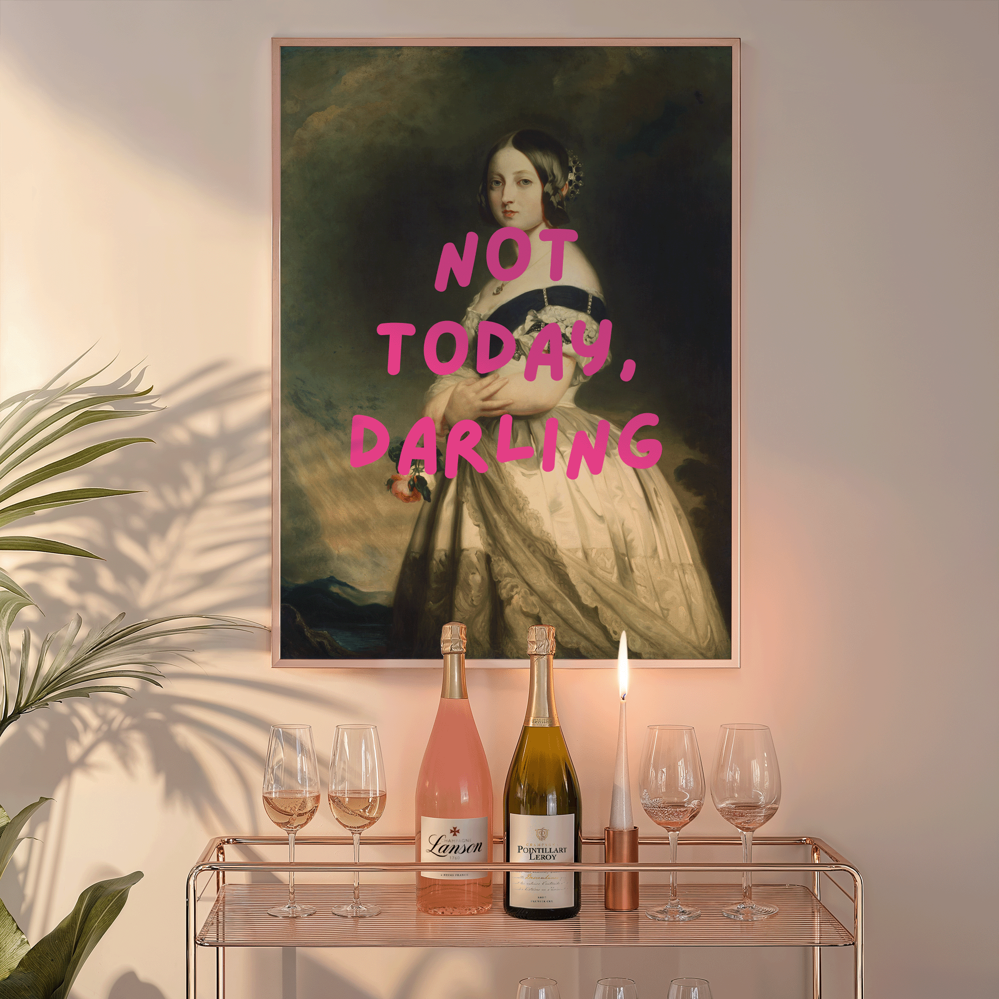 Vintage-style portrait of a woman in an elegant gown with bold pink text reading “Not Today, Darling” — funny wall art print for modern spaces. marie Antoinette altered rococo-inspired renaissance art of a victorian woman. black framed canvas wall art print for bar car wall decor