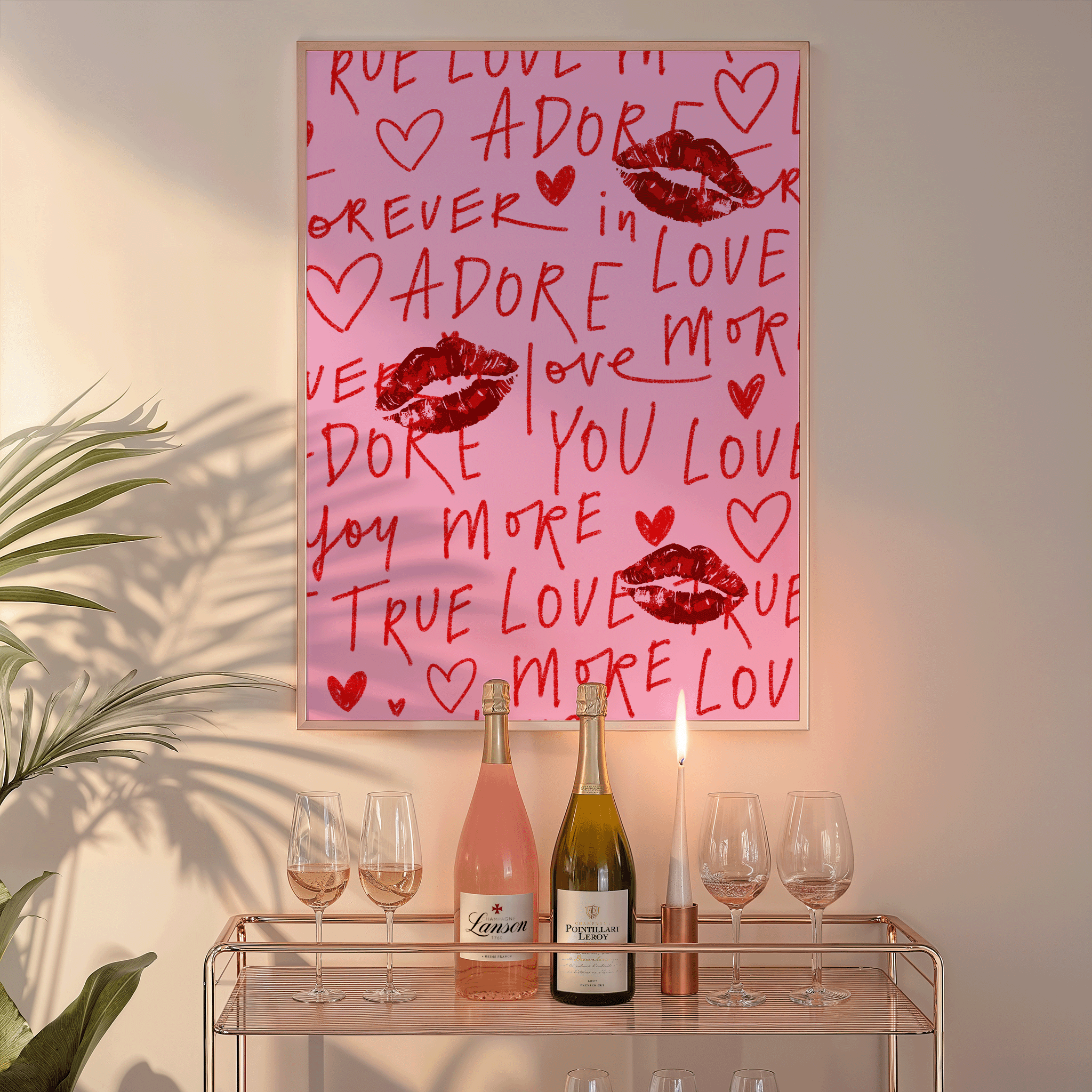 Red lips and love words wall art on pink background – romantic print with kiss marks and handwritten text, graffiti style wall art