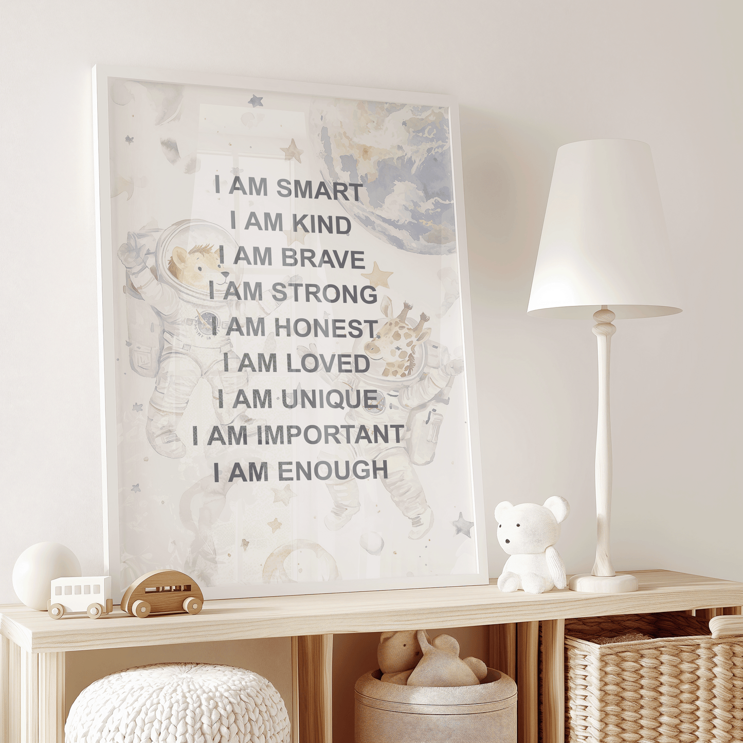 Positive Affirmations for Kids Wall Art With Astronauts | Canvas Art, Art Prints & Framed Canvas, Positive Affirmations Kids Wall Art, Astronaut Inspirational Art For Boys Kids, I am Kind Loved Brave, Nursery Art Print, affirmation wall art
affirmations for kid
i am kind loved
i am brave enough
kids inspirational
nursery wall art
boho nursery decor
positive affirmation
neutral nursery
daycare bedroom art
outer space astronaut watercolor illustration
boy kid bedroom art
montessori wall art