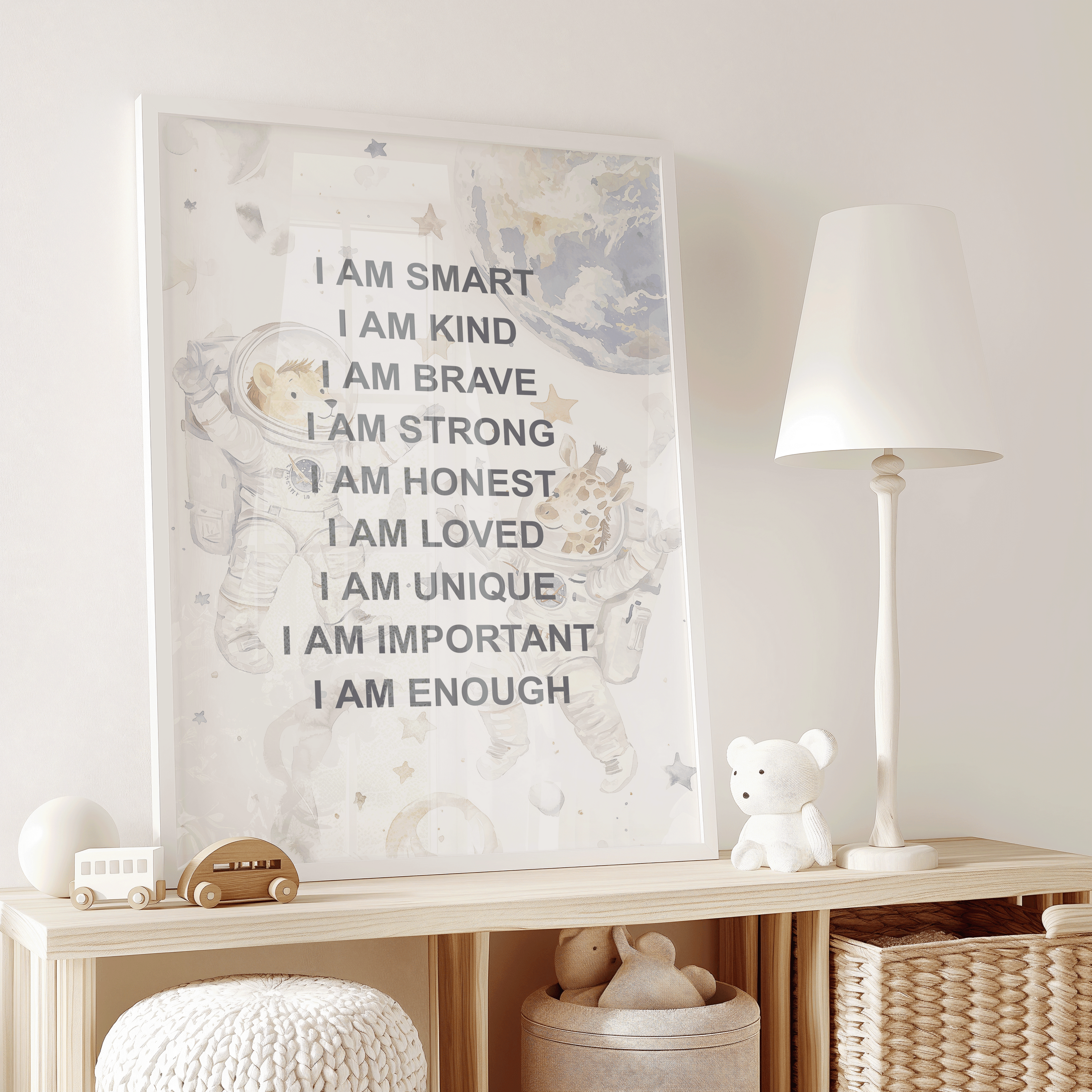 Positive Affirmations for Kids Wall Art With Astronauts | Canvas Art, Art Prints & Framed Canvas, Positive Affirmations Kids Wall Art, Astronaut Inspirational Art For Boys Kids, I am Kind Loved Brave, Nursery Art Print, affirmation wall art
affirmations for kid
i am kind loved
i am brave enough
kids inspirational
nursery wall art
boho nursery decor
positive affirmation
neutral nursery
daycare bedroom art
outer space astronaut watercolor illustration
boy kid bedroom art
montessori wall art