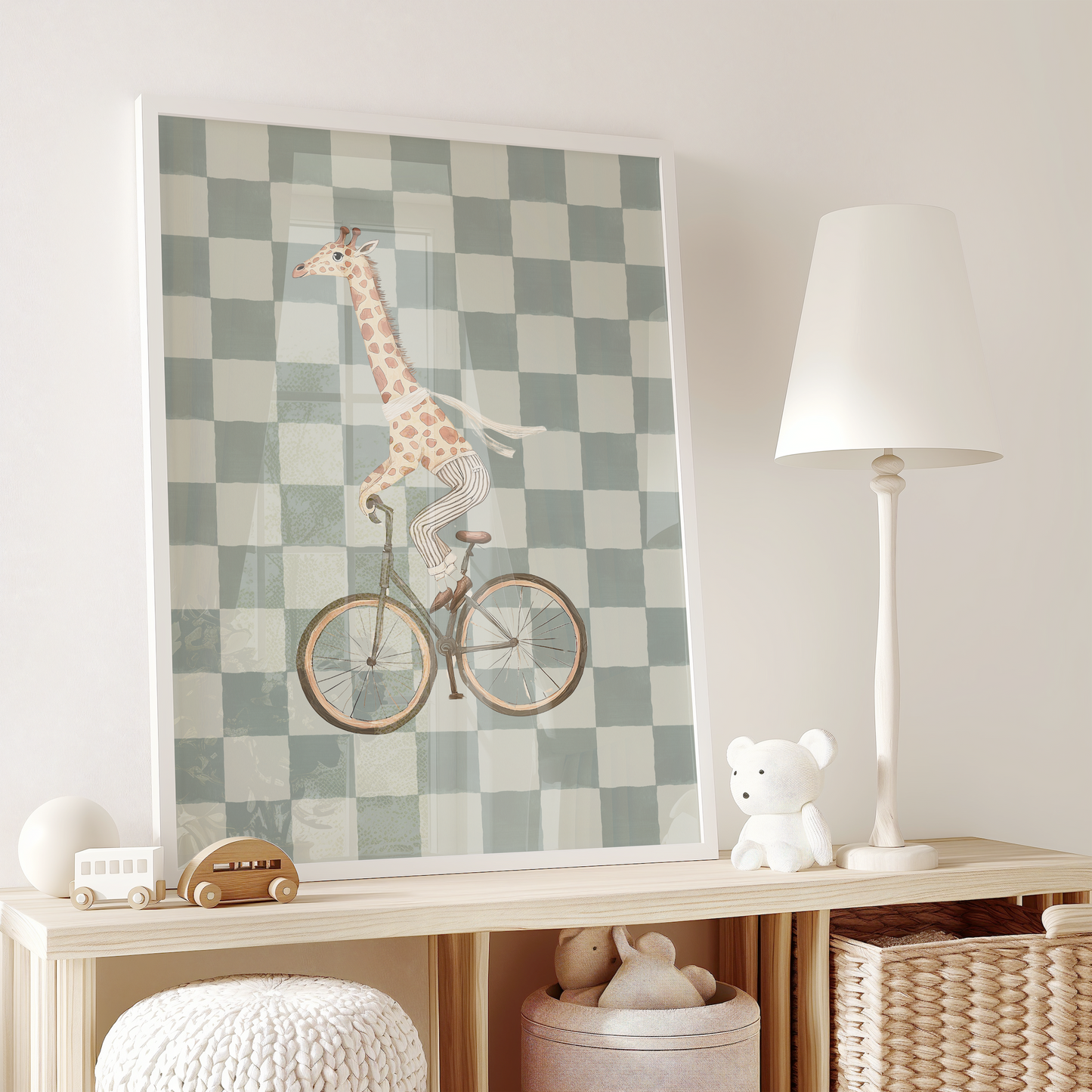Giraffe Nursery Art | Canvas Art, Art Prints & Framed Canvas, retro boho vintage preppy giraffe sage green checkered plaid background framed canvas wall art, baby boy nursery, kids bedroom, playroom daycare framed wall art prints